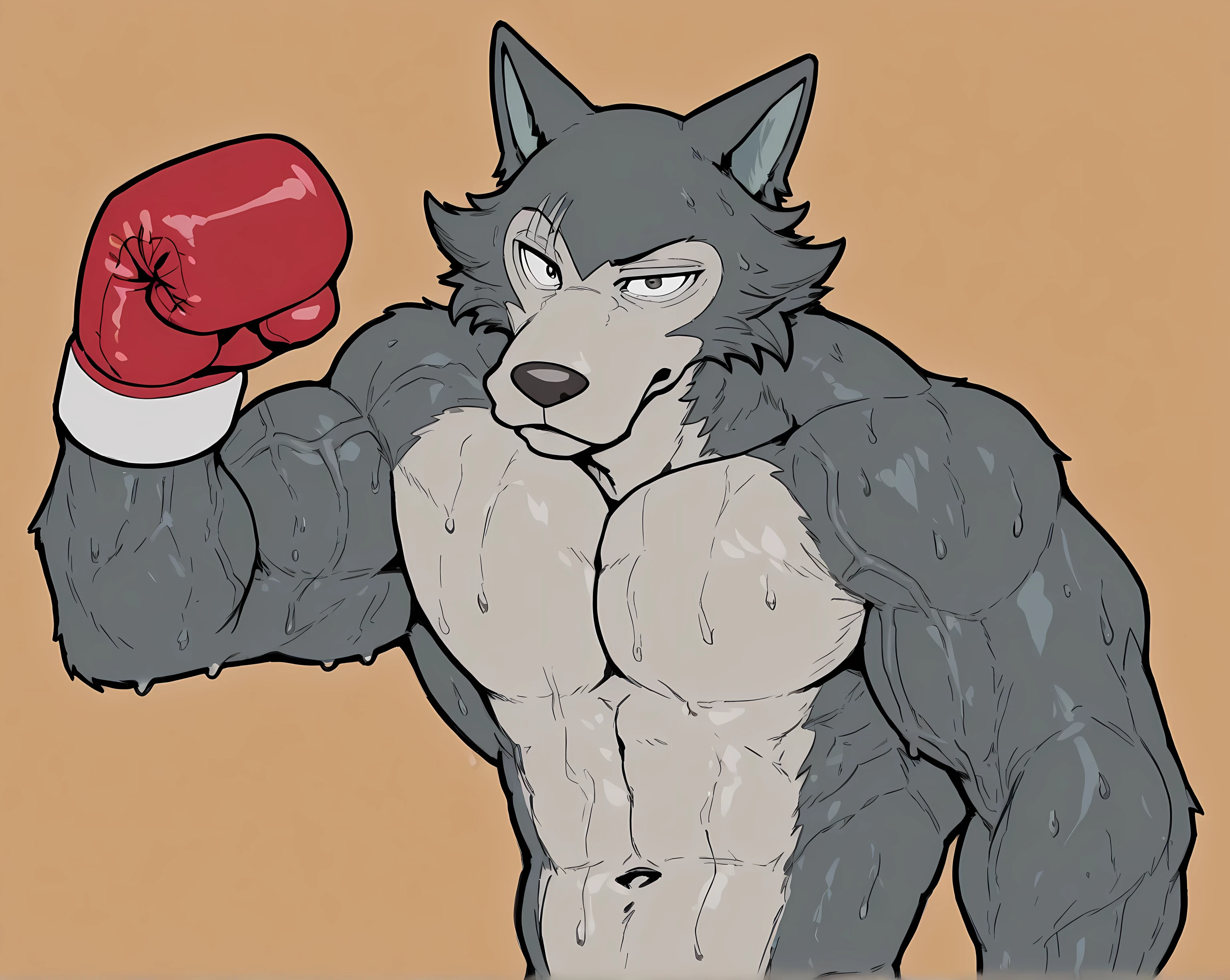 l3gosh1, beastars, male, solo, wolf, muscular, athletic, masculine, (small eyes), flat color, boxing_gloves, simple background, sweaty body, veiny arms, bulging muscles, flexing bicep, flexing muscles, looking at viewer