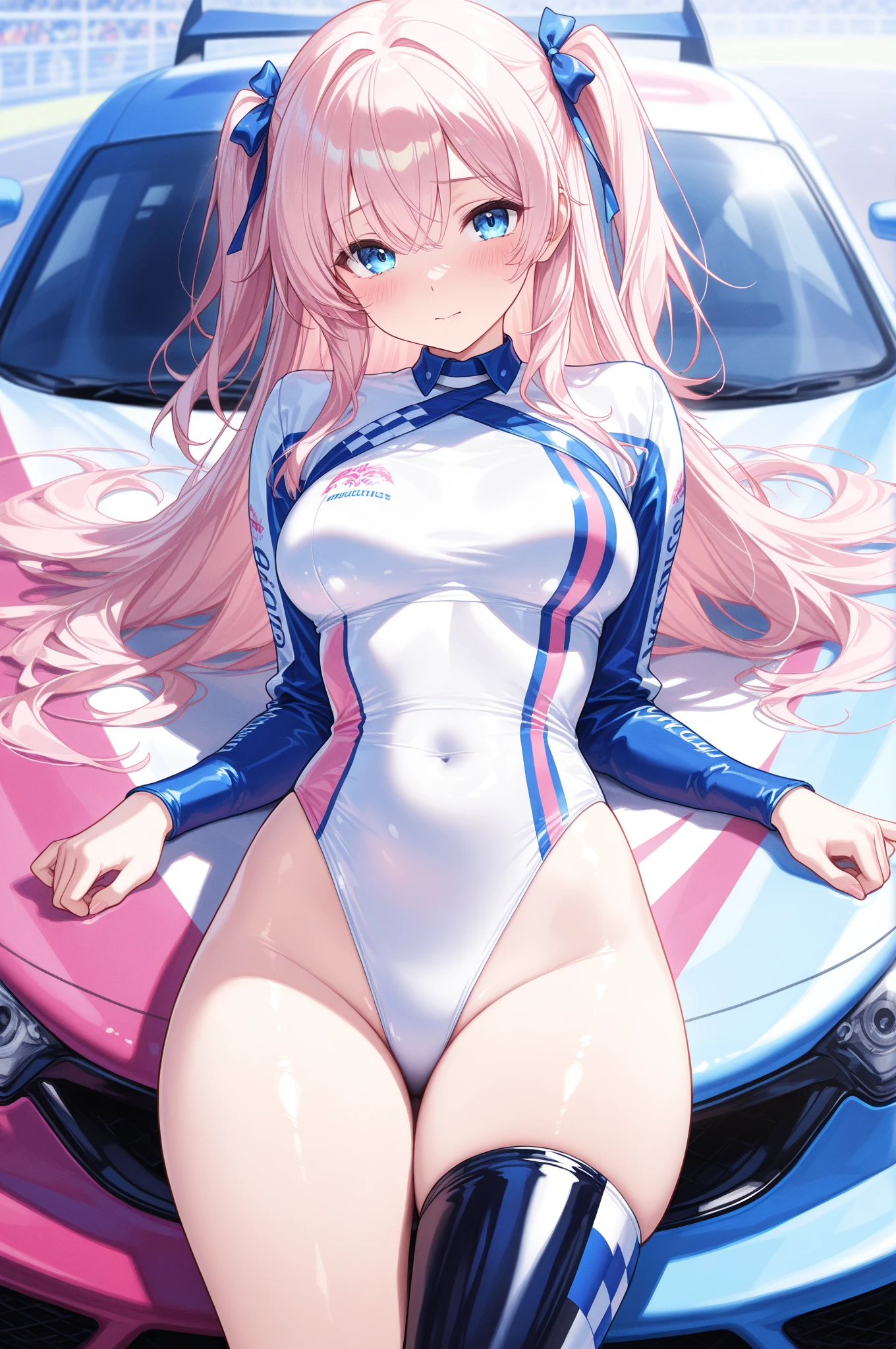 (masterpiece:1.2, highest quality), (Realistic, photoRealistic:1.4), Beautiful illustrations, (Natural Side Lighting, Cinema Lighting), avert your eyes, (Cowboy Shot), 2 girls, Grid Girls, 30 years old, (((Mature Woman))), (Beautiful anime faces), Japanese, Perfect Face, Perfect Anatomy, Symmetrical cute face, Shiny skin, Blunt bangs, (Intense glowing purple eyes:1.3), Beautiful Hair, Beautiful Face, Beautiful clavicle, Beautiful body, Beautiful breasts, Beautiful thighs, Beautiful feet, Beautiful fingers, (Perfect Face, Perfect Anatomy), (Two legs, Five Fingers), ((Grid Girls, Racing Suits, Race Queen Costume:1.3. White and pink high leg leotard with sponsor logo:1.3, Shiny arm covers:1.3, Shiny knee-high boots:1.3)), (Beautiful views), Written boundary depth,((Tall Woman), (Slim figure), (small breasts directed upwards)), (Randomly changing obscene poses:1.3), ((A tiny remote vibrator is attached to the pussy), (Holding the vibrator holder in her right hand)), (Golden hair ornament), (Pale pink hair),