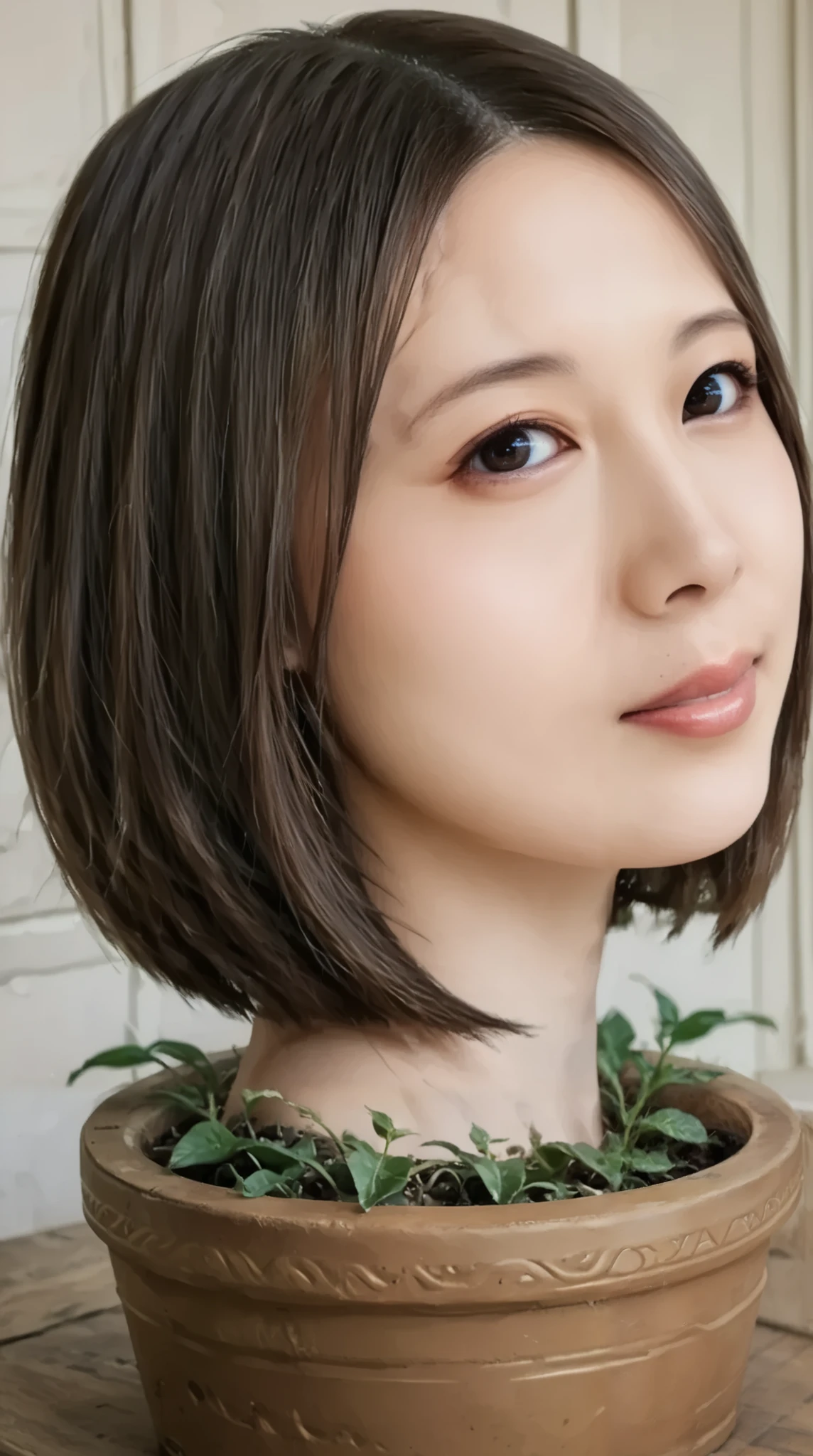 score_9, score_8_up, score_7_up, rating_safe, source_real, high resolution photograph, photo realistic, masterpiece, best quality, amazing quality, very aesthetic, absurdres, newest, intricate details, extremely detailed, professional lighting, 1girl, solo focus, (disembodied head of a young Japanese woman in a (flower-pot) on the table:1.4), face focus, close-up of her head, short bob cut black hair with forehead, detailed face, detailed eyes, sophisticated nose, BREAK, 1boy, (standing with erect penis exposed out of pants, having blowjob play), BREAK, (view from side:1.4), BREAK, looking at the viewer, outdoors, daylight,,