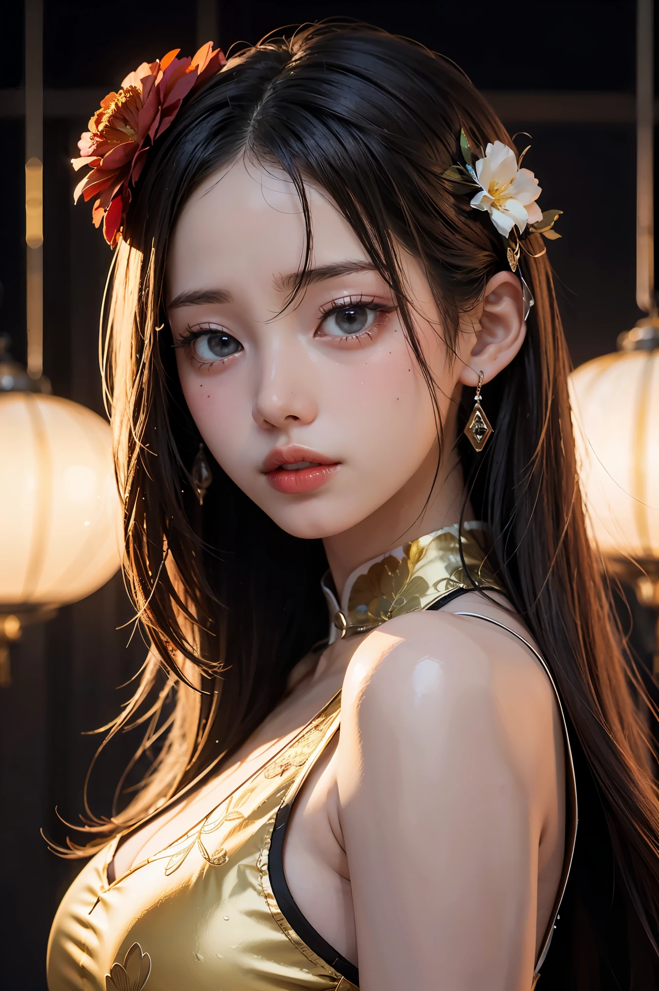 1girl,upper body,fashi-girl,china dress,chinese clothes,hair flower,(masterpiece:1.4),(best quality:1.4),(shiny skin),red lips,looking at viewer,large breasts,parted lips