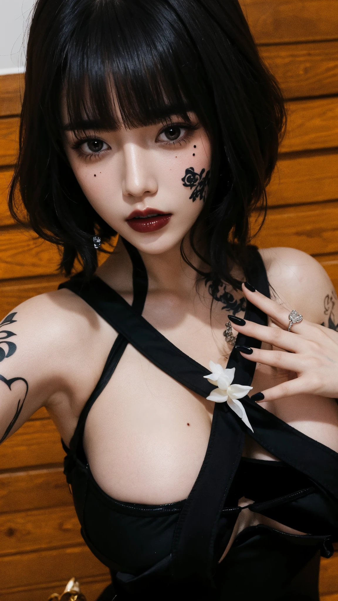 Asian woman with tattoo and necklace on chest, beads cross onbare chest, chiho,, anime vibes, y 2 k cutecore clowncore, of taiwanese girl with tattoos, wearing a choker, wearing spikes and piercings, 1 8 I, shikamimi, pierced navel, septum piercing，Armpit hairy，Hairy underarms，Lots of armpit hair