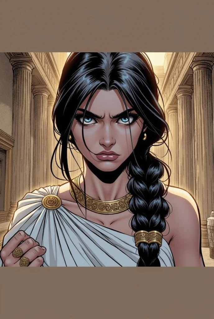front view, A very beautiful black woman smiles shyly while biting her lower lip and looking at the viewer., sensual, wavy black hair and medium length hair, realistic photo style, dressed in bandages, like a mummy, huge breasts, open neckline, thin waist, the expression of worship is the focus, arms above and behind your head, dynamic pose, inside an egyptian temple, in a sarcophagus
