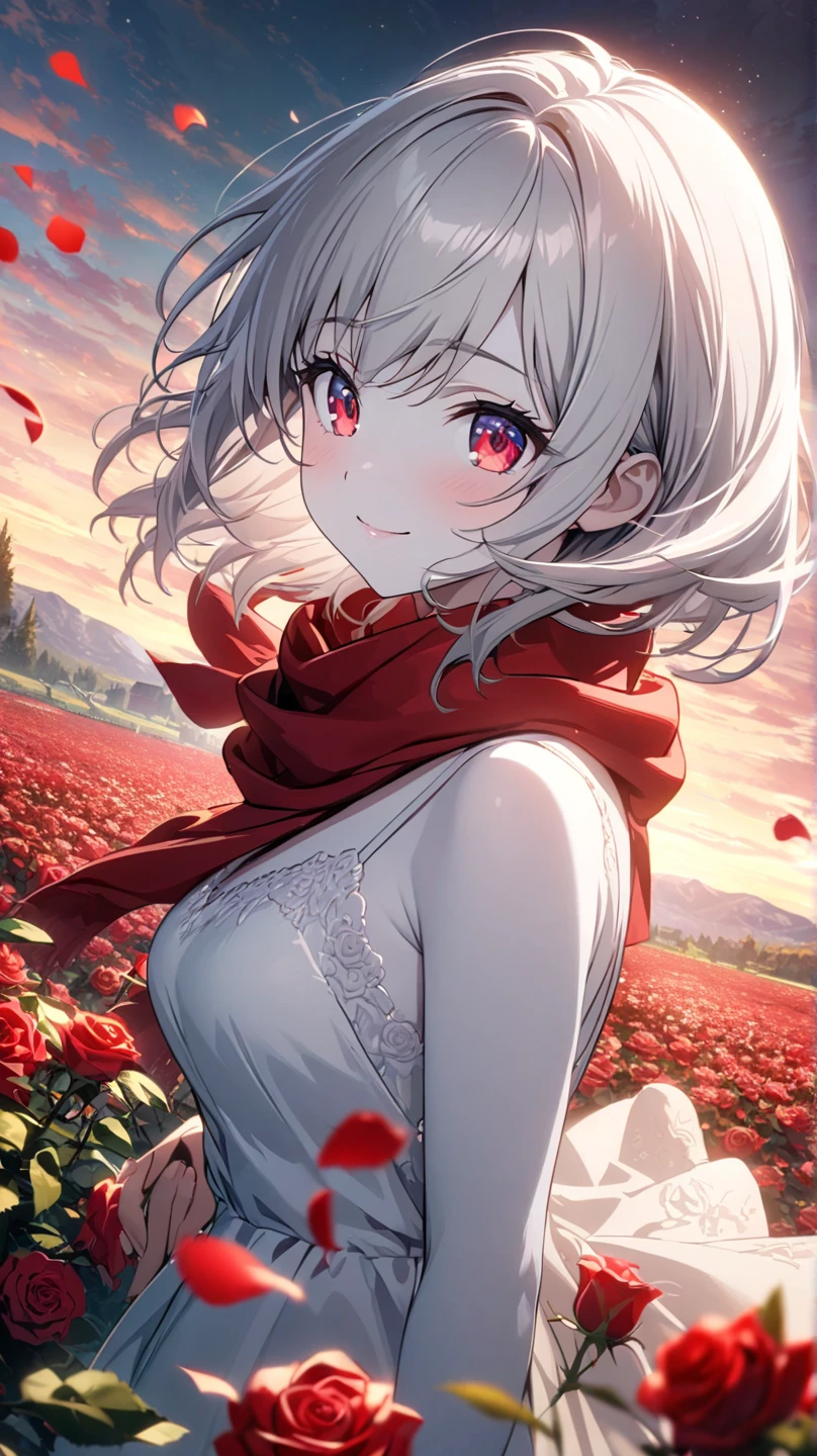 Vista, panorama, Perspective, depth of field, bust, upper body, cinematic angle, masterpiece, Best quality, ultra detailed, computer graphics, 8K wallpaper, Beautiful face, tender eyes, Young woman, One, smile, silver hair, golden eyes, Bright skin, strands of hair, Red scarf, White evening dress, Pink Field, Red flowers, roses, flower field, petals, Flying petals, smiling