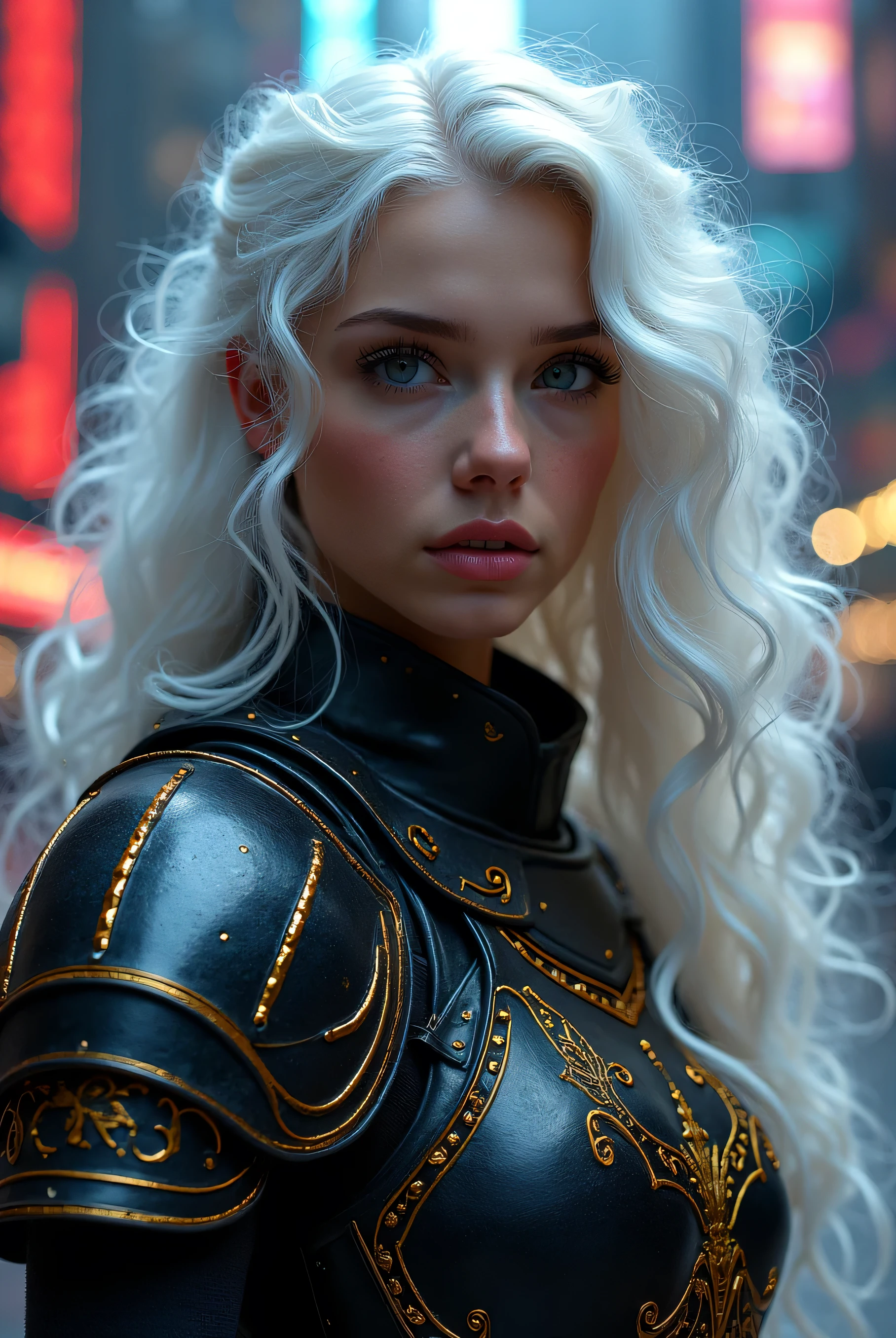 A Beautiful Women Sitting in Cafe, With Beautiful Calm Grey eyes, Silver White Hair, Clad in Silver-White Armor, she looks stunning and beautiful with Rays of sunshine falling on her face from the window