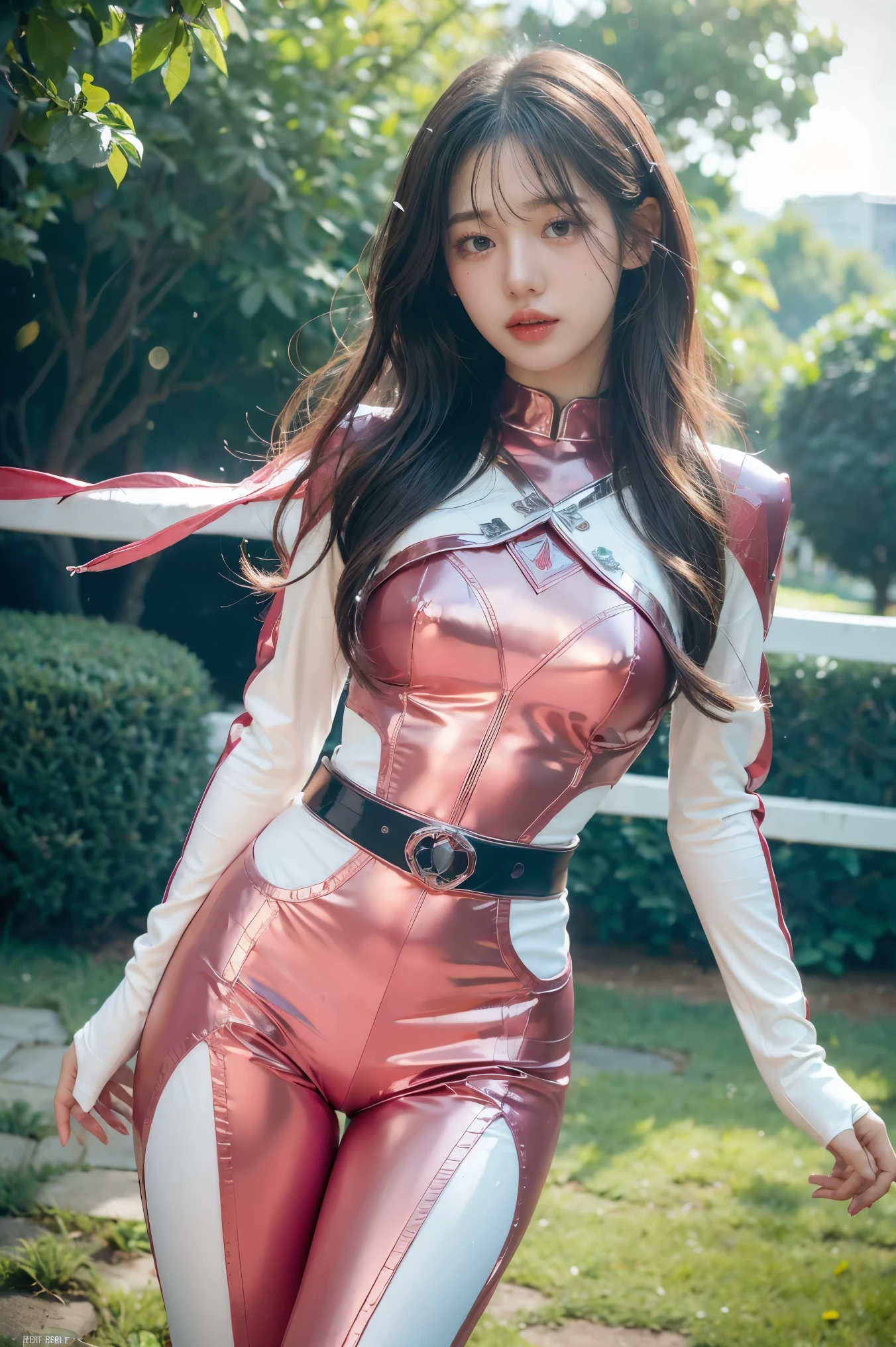 ((PinkRanger, EnakoV1)), 1girl, A beautiful 20 years old Japanese girl, Angelic, cute face,
Beautiful detailed eyes,
(Large eyes:1.3),long eyelashes,
see-through bangs,
(beautiful detailed face and eyes:1.4),
Beautiful short dark hair, beautiful smile,
(Best Quality:1.2),
Raw photo,
High resolution,
perfect detail,
Professional Photography,
Professional Lighting, (Metallic coral magenta and White Hero Suit:1.3), Ultra-tight fit bodysuit, Belt, Huge breasts, Beautiful legs, Strong lighting of the bodysuit,in the park, sexy figure:1.2, half body portrait