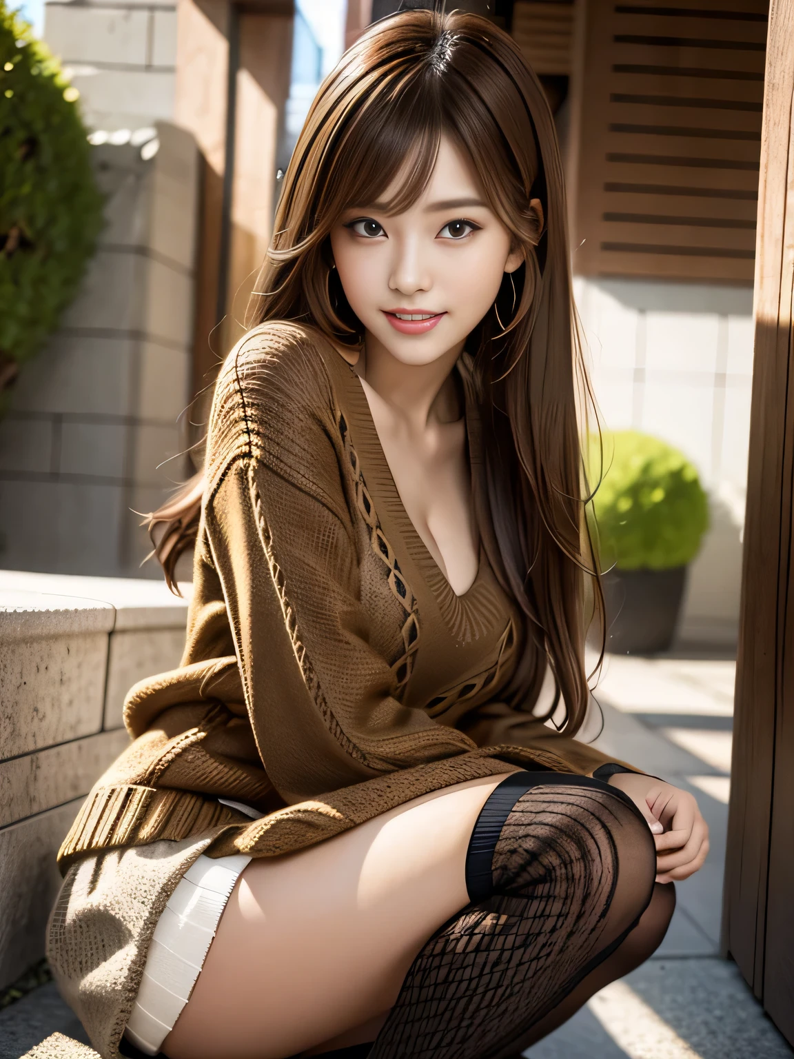 highest quality，masterpiece，超A high resolution，RAW Photos，One Girl，Loose permed hair、length、Brown Hair、Arms crossed、Japanese、Loose permed hair、length、Brown Hair、smile、Arms crossed、Professional photography、Same skin type as humans、A woman who dresses Japan from head to toe、Blur the background、Drawing faithful to anatomy、Very detailed and beautiful、Ultra HD、length、Her hair is swinging and sexy、Very detailed beautiful girl、Shoulder-length hair、sweater、