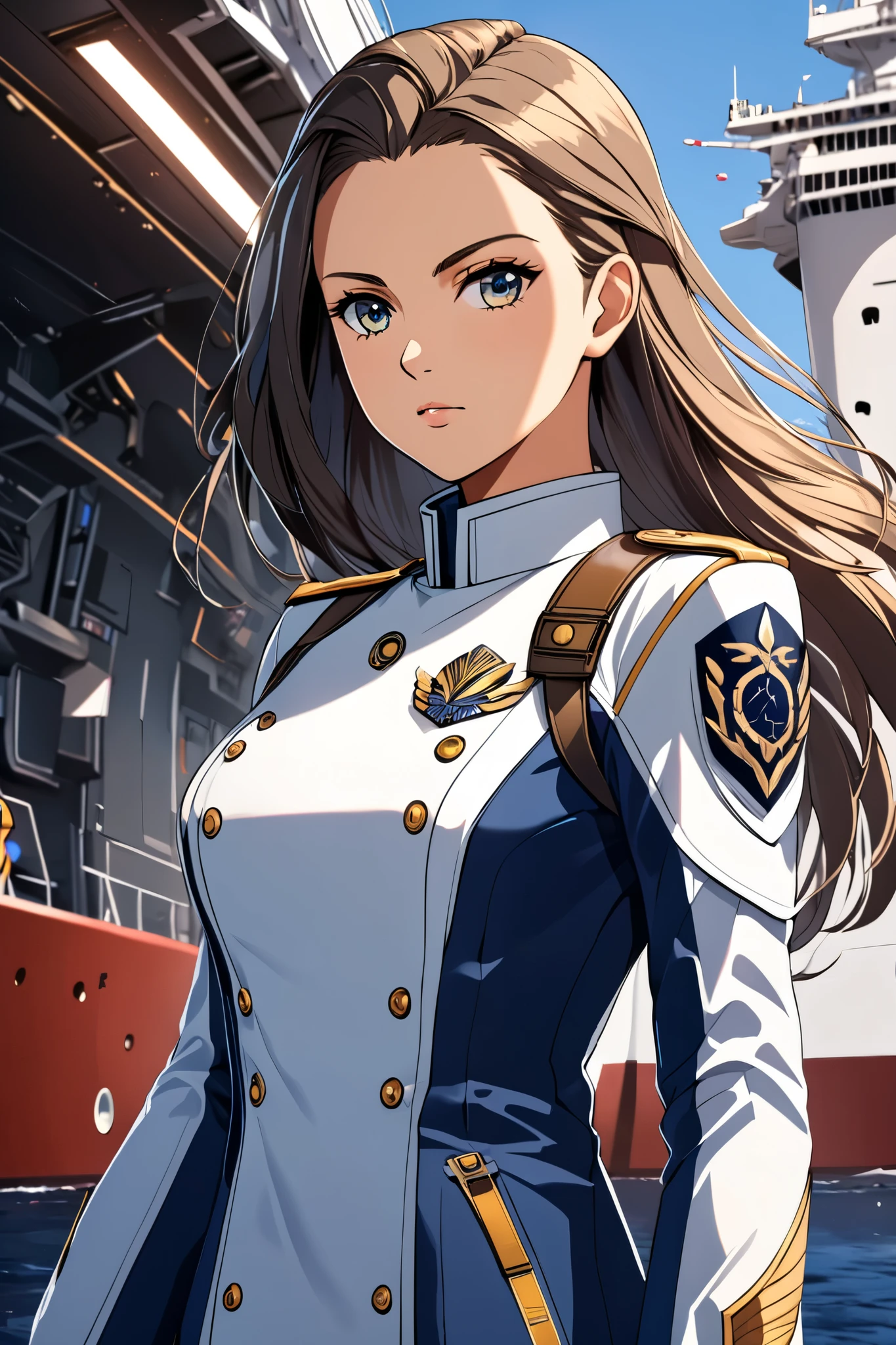 Anime girl in uniform standing in front of a ship - SeaArt AI