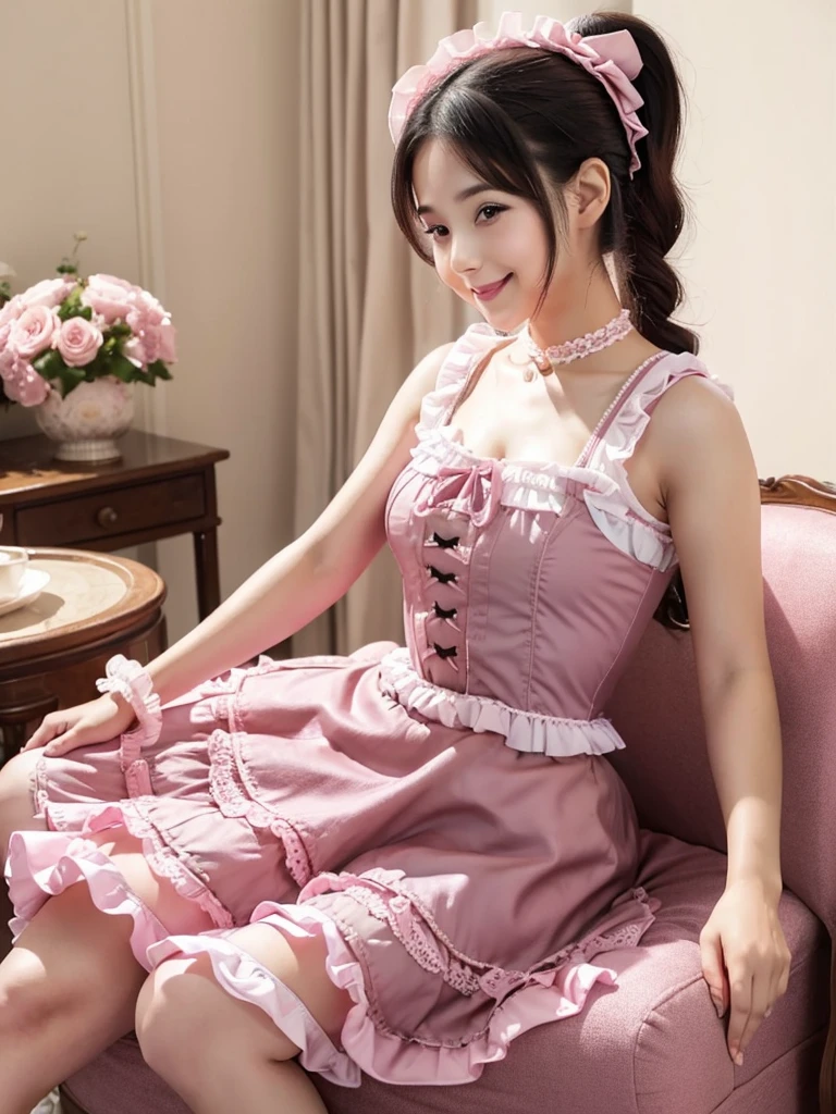 Anime girl with long brown hair, without fringe, Brown eyes, Long lashes, lips a little thick. Dressed in a pastel pink corset and a matching bow, with a white skirt above the knee and adorned with small pastel pink bows, Pastel pink high heel sneaker with a small waist and flat abdomen that is adorned with a piercing