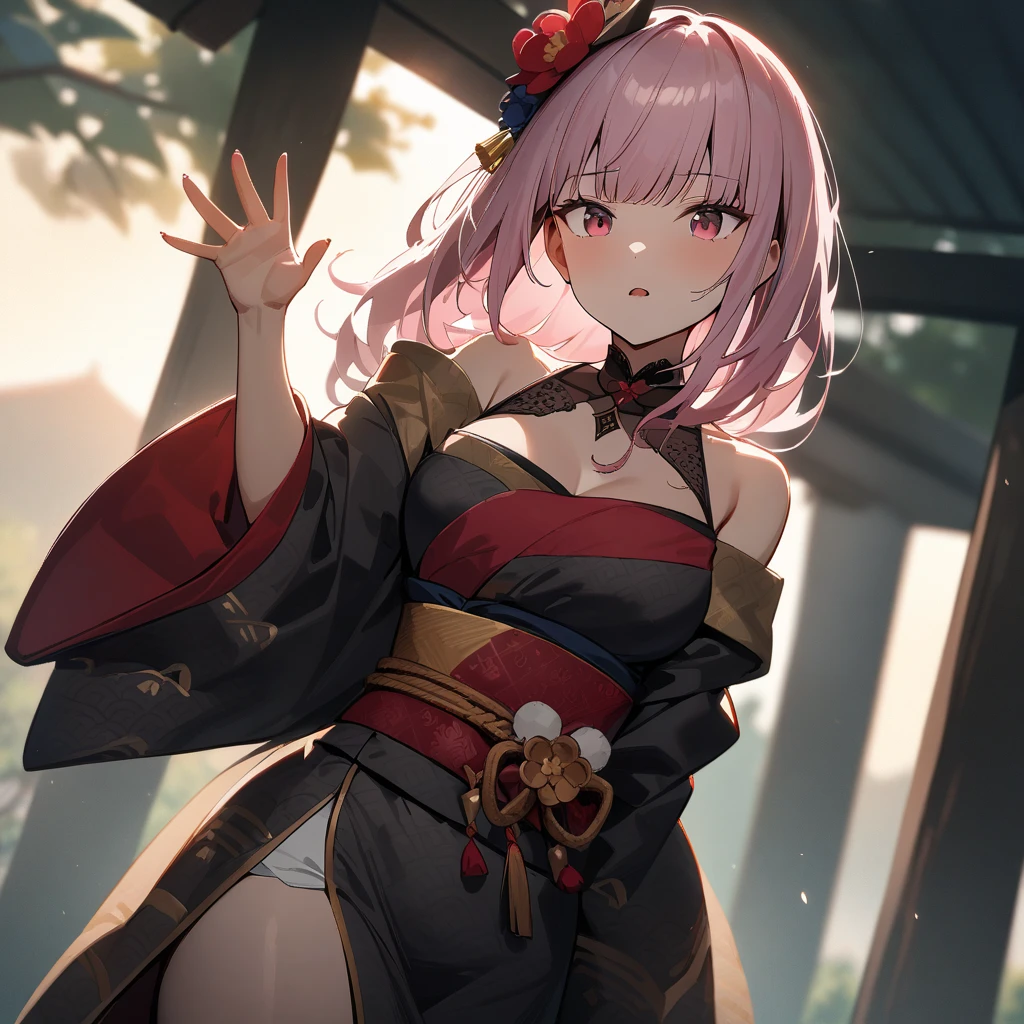 (masterpiece:1.4), (Highest quality:1.3), (high resolution:1.2), Perfect Anatomy, Well-formed face,Accurate depiction,Precise depiction,Beautiful depiction,(Rui々Shishi Body:1.1), (Healthy Body:1.1),(Shiny Hair:1.2), Well-formed face, Glassesをかけた, Glasses, Face, Lewd smile, Large Breasts,Big Breasts, Big Tits, Shaking breasts, Bouncing Breasts, 激しくShaking breasts, 激しくBouncing Breasts, Tight waist,Well-balanced body, Flexible fingers, Composition from the front, Clothes stuck with sweat, Erect nipples covered by clothes, cleavge, breasts slip, Open chest, Japanese clothes with wide open chest, Nipples visible from the chest, nipple slip from kimono, extended downbloues, Oiran, 着崩したkimono,胸元を開いたkimono, kimono, meiji school girl uniform, hakama skirt, Hakama skirt, Long skirt, Thighs covered by a skirt, long sleeve, wide sleeve, Lace-up boots, (leaning forward:1.3), slouch, hanging breasts, standing, doggy style,Provocative attitude, spread legs, looking at viewer, Daytime, Bright sunshine, Outdoor, shrine, torii, Cobblestone Street, nsfw, 