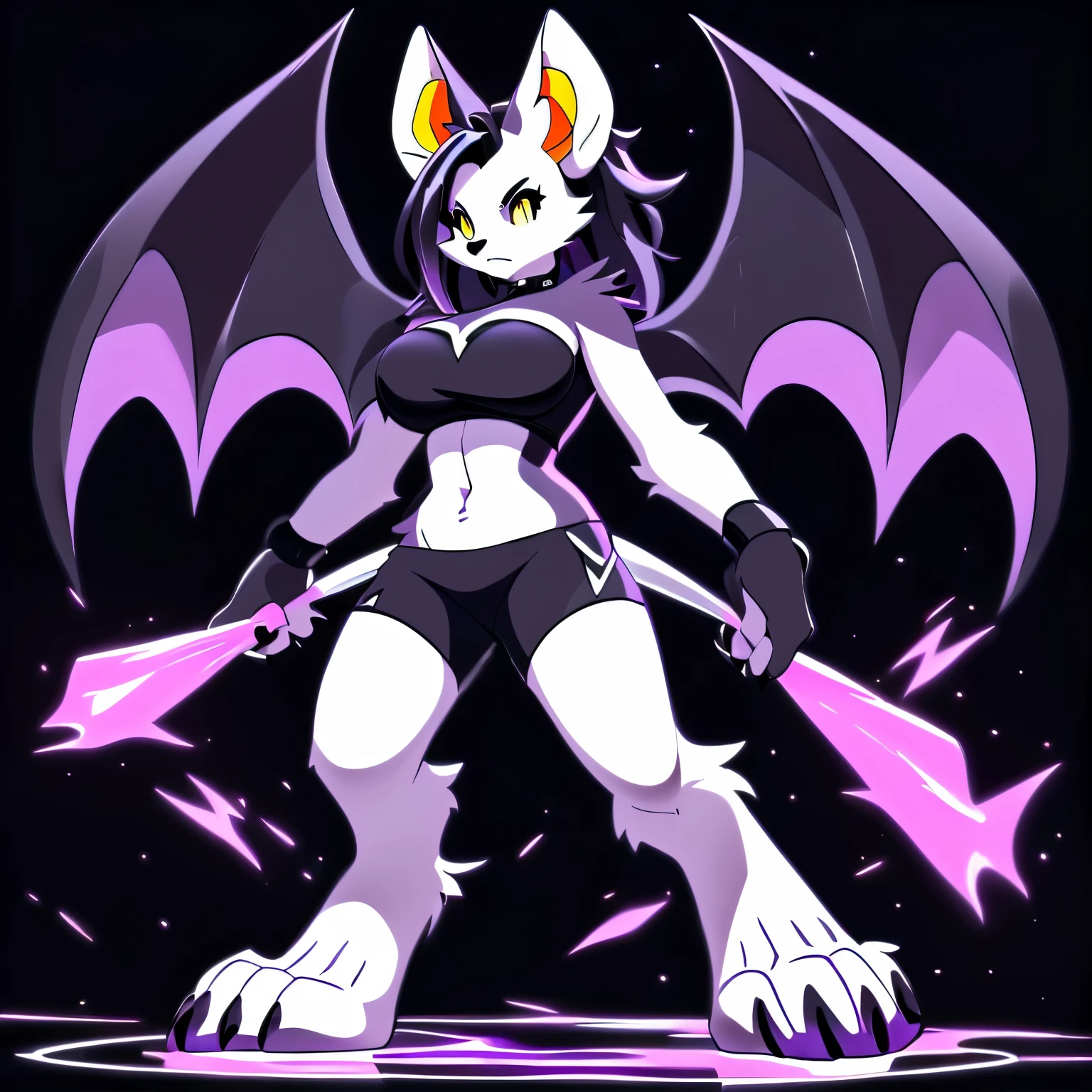 Anime, anime style:1.5, ((single person:2)), ((solo drawing:2)), ((solo:2)), ((sfw version:1.5)), ((Three-Quarter view)), ((action pose)), ((plush build)), ((wearing a black halter top:1.2)), ((wearing black knee length shorts:1.2)), ((neon purple highlights:1.2)), ((female Anthro bat)), ((Tall with large breasts)), ((Shoulder length dark hair with neon purple highlights:1.2)), ((buxom figure)), ((white fur)), ((Single Pair of Wings)), ((Huge Bat Wings)), ((Purple and black Bat Wings:1.5)), ((white bat ears:1.2)), ((white face)), ((neutral expression)), vivid yellow eyes:1.5, ((digitigrade legs)), ((digitigrade feet)), ((solid black background:1.5)), highly detailed anime style, clean lines, white face, short white muzzle, white furry cheeks, white furry muzzle, ((white foot paws)), ((foot paws with four toes)), ((claws)), ((white legs))