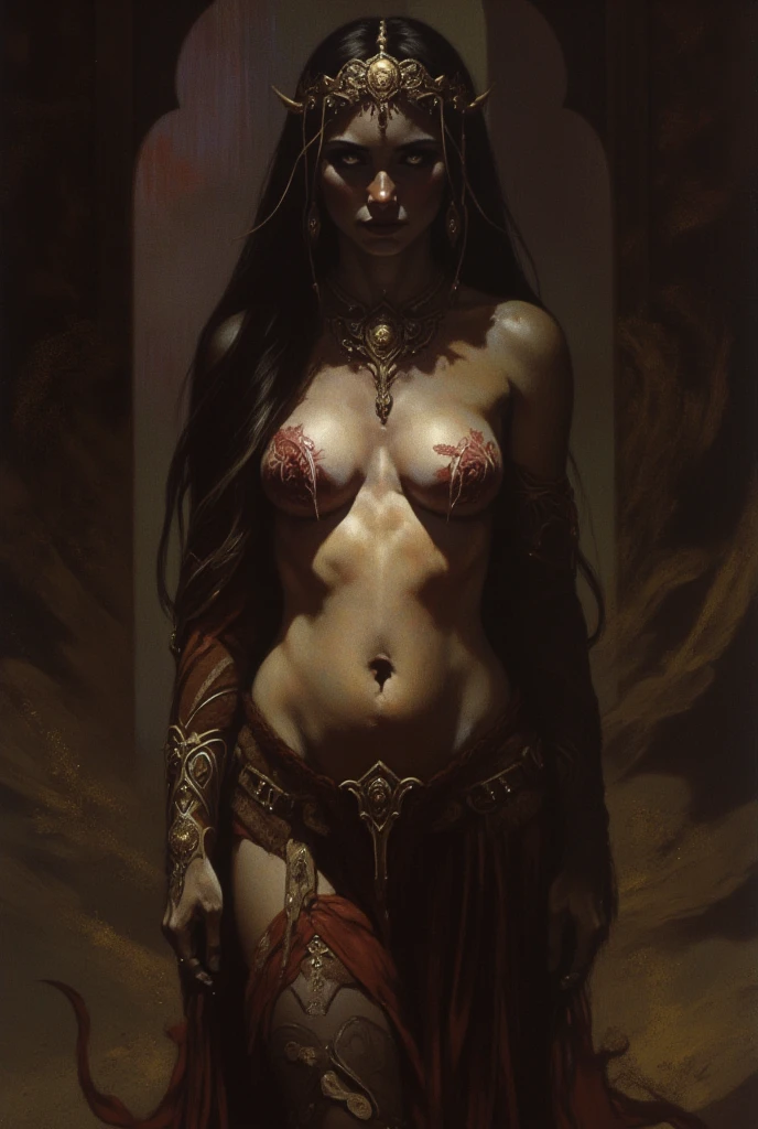 1 magician woman, expressive black eyes, elf ear, black hair, barely dressed with a red drape barefoot, ,ritual pose , a gold dagger in one hand and using his fire magic in the other, full length portrait , mystical dungeon interior atmosphere in background, detail richness, masterpiece, best quality