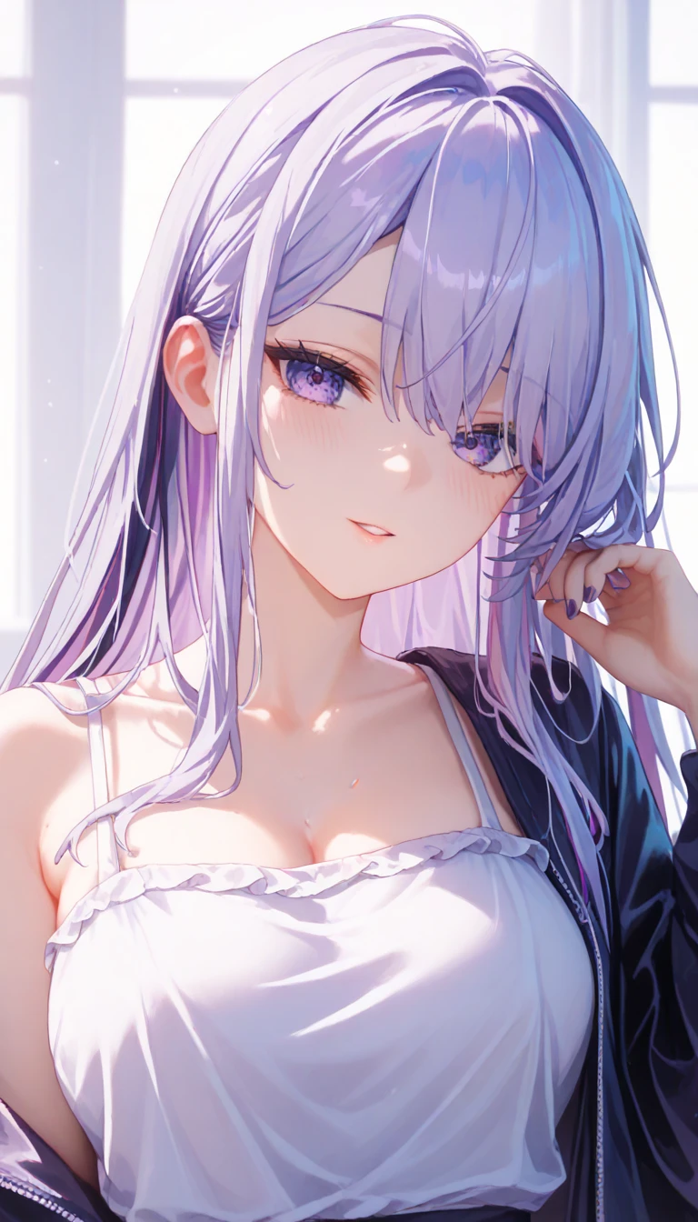 Beauty, High nose, Long eyelashes, 目にLight, Pink Lips, Closed Mouth, pastel colour, purple, Dull pink, Dull Blue, heart, Light, Fluttering Hair, White Skin, Big eyes, Inner color hair, turn around, Get wet, cute, 30 years old, perfume, PRADA, glossy, charm, Real, summer, null, smile, Weather showers, Wolf Hair, Big white t-shirt, Gray Hair,