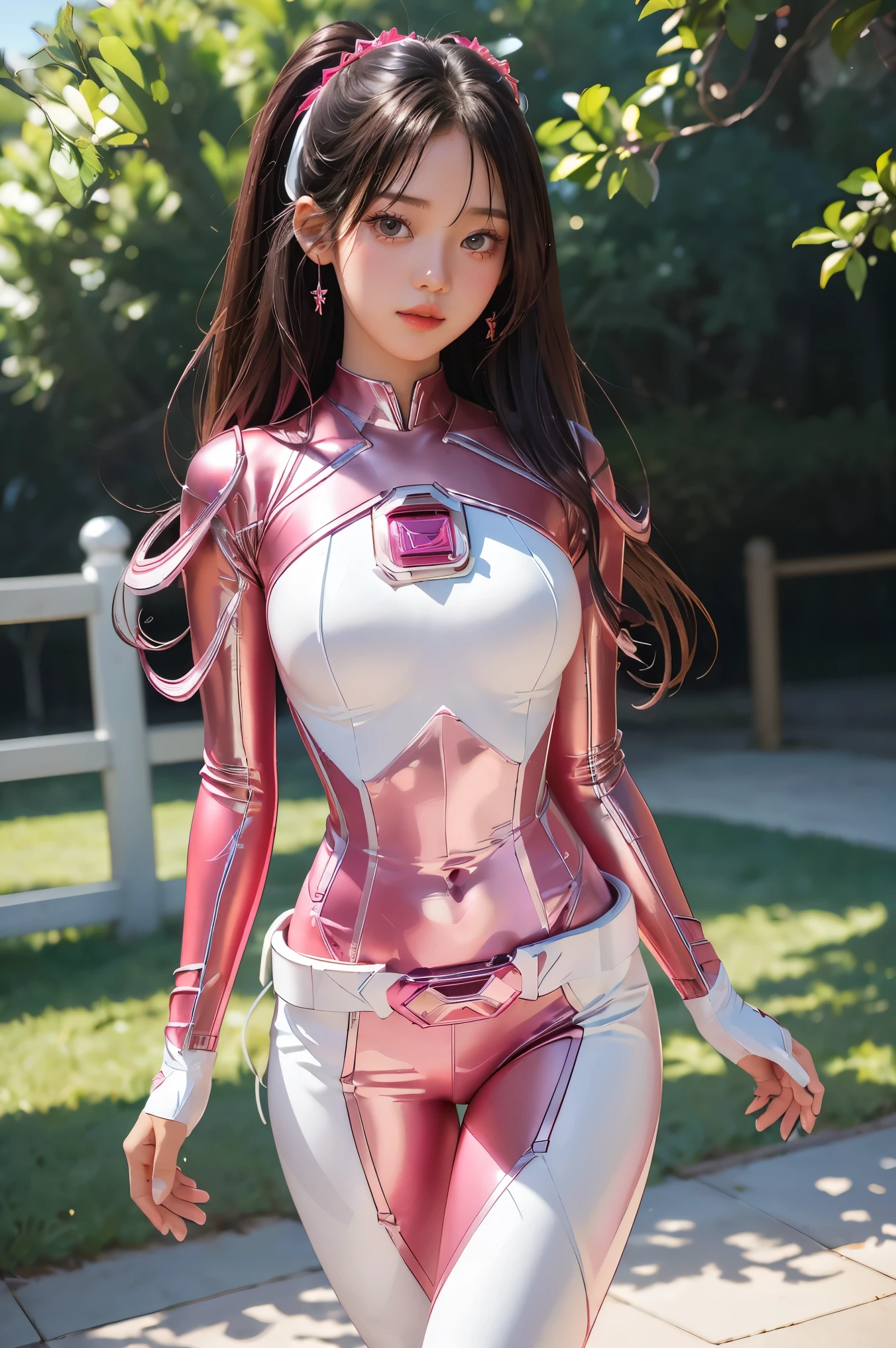 ((PinkRanger, EnakoV1)), 1girl, A beautiful 20 years old Japanese girl, Angelic, cute face,
Beautiful detailed eyes,
(Large eyes:1.3),long eyelashes,
see-through bangs,
(beautiful detailed face and eyes:1.4),
Beautiful short dark hair, beautiful smile,
(Best Quality:1.2),
Raw photo,
High resolution,
perfect detail,
Professional Photography,
Professional Lighting, (Metallic coral magenta and White Hero Suit:1.3), Ultra-tight fit bodysuit, Belt, Huge breasts, Beautiful legs, Strong lighting of the bodysuit,in the park, sexy figure:1.2, half body portrait