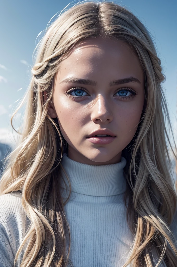 Kristina Pimenova, ultra detailed face, skinny body, white skin, long platinum blonde wavy hair, ((front view, detailed light blue eyes)), (((masterpiece, giant breasts, coat, knit sweater))), photorealism, high contrast, photorealistic, photo, masterpiece, realistic, realism, photorealism, high contrast, photorealistic digital art trend on Artstation 8k HD high definition detailed realistic, detailed, skin texture, hyperdetailed, realistic skin texture, best quality, ultra high resolution, (photorealistic: 1.4), high resolution, detailed, raw photo, sharp re, camera kodak portra 400 lens f1.6 rich colors hyper realistic texture dramatic lighting irrealengine trend in artstation cinestill 800.