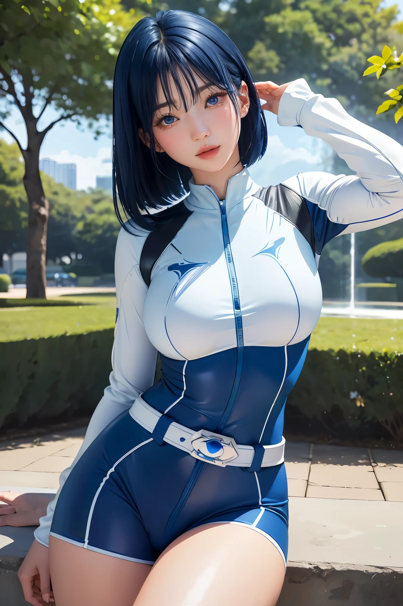 ((BlueRanger,)), 1girl, A beautiful 20 years old Japanese girl, Angelic, cute face,
Beautiful detailed eyes,
(Large eyes:1.3),long eyelashes,
see-through bangs,
(beautiful detailed face and eyes:1.4),
Beautiful short dark hair, beautiful smile,
(Best Quality:1.2),
Raw photo,
High resolution,
perfect detail,
Professional Photography,
Professional Lighting, (Blue and White Hero Suit:1.3), Ultra-tight fit bodysuit, Belt, Huge breasts, Beautiful legs, Strong lighting of the bodysuit,in the park, sexy figure:1.2, half body portrait