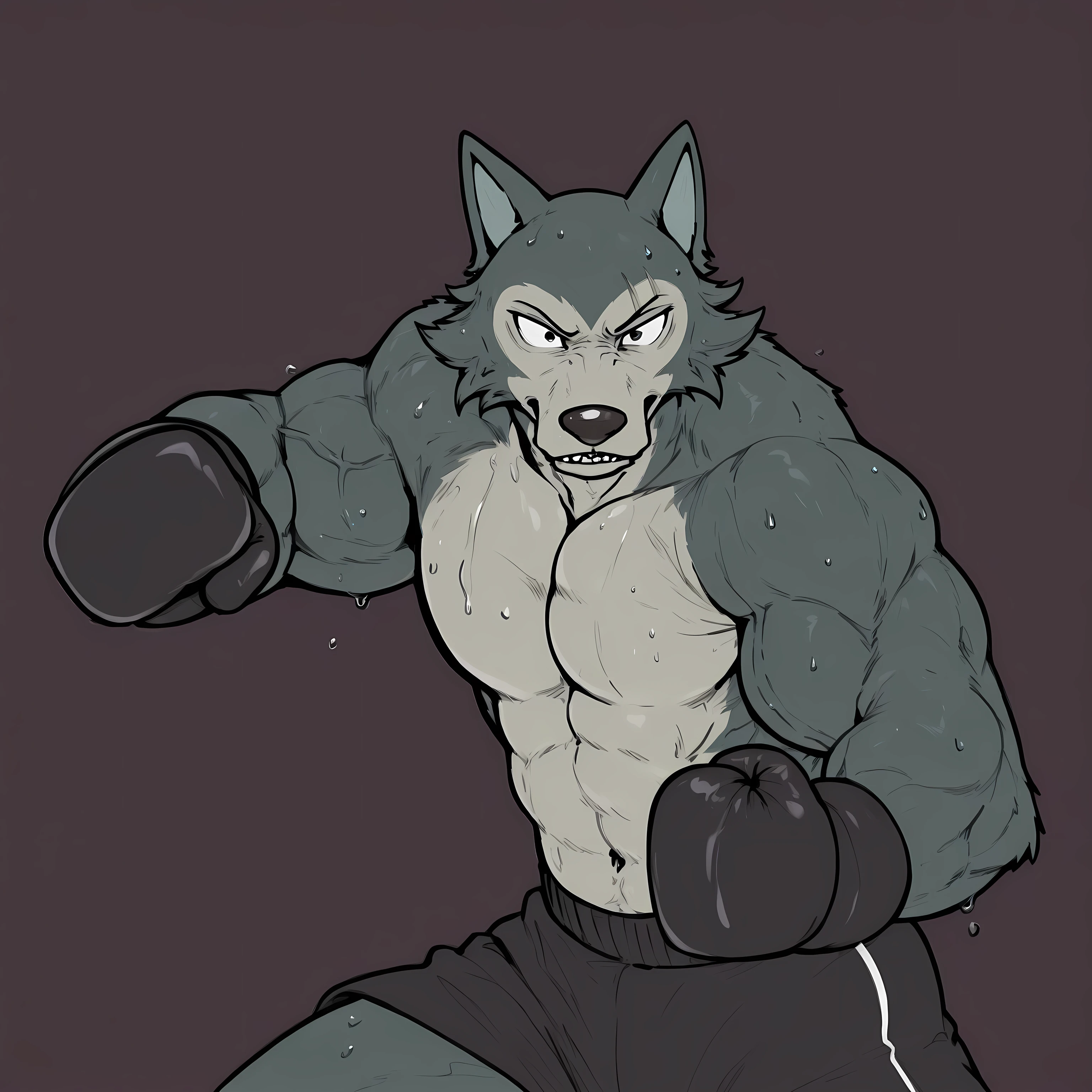 l3gosh1, beastars, male, solo, wolf, muscular, athletic, masculine, (small eyes), flat color, boxing_gloves, boxing_trunks, simple background, sweaty body, veiny arms, bulging muscles, boxing stance, dynamic pose, boxing, (black outline), punching