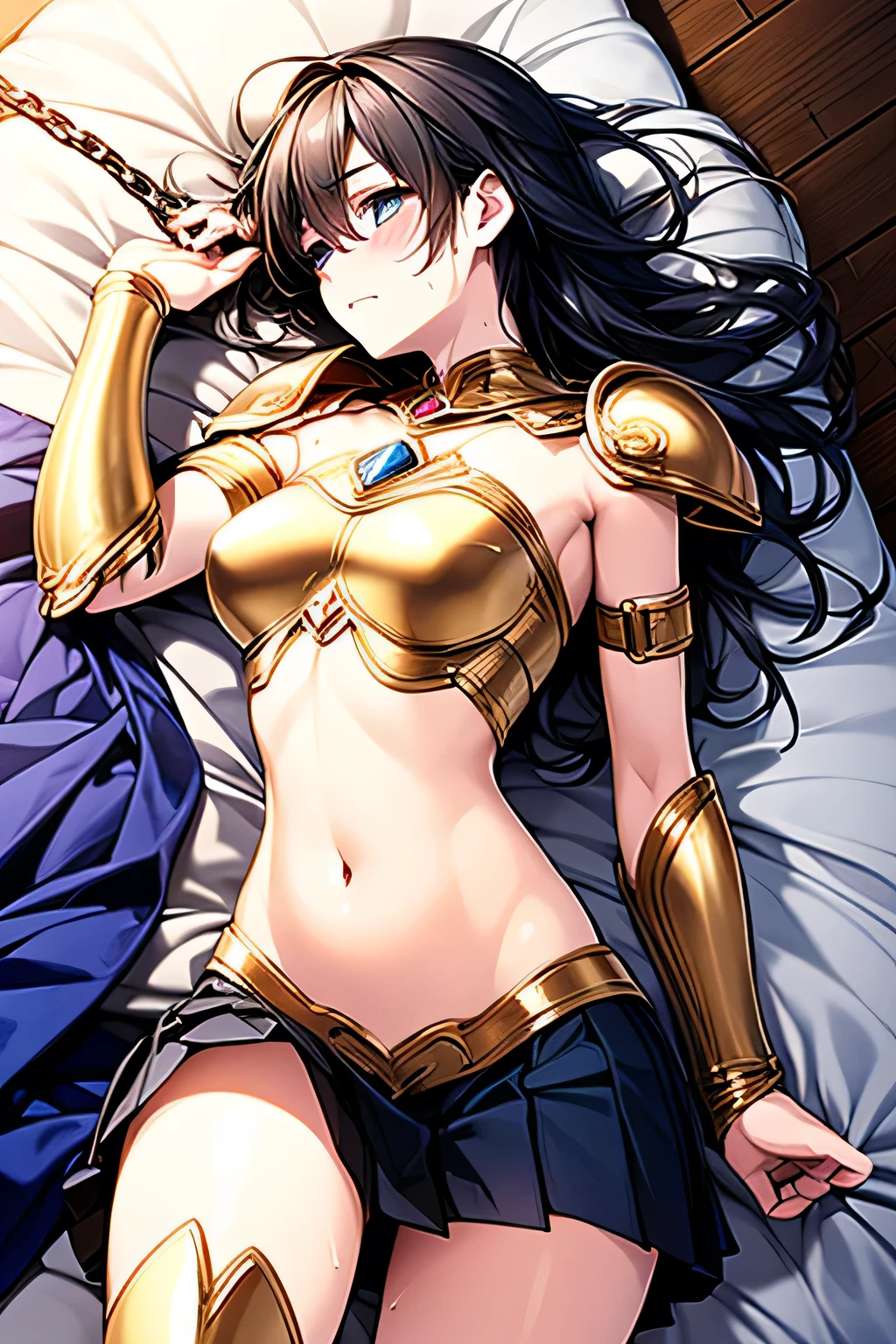 (((Nsfw))), ((BDSM)), Masterpiece, best quality , High Resolution ,4K, super detailed skin, zodiac night girl, Anime Goddess, Rogue anime girl Ayanami Rei , ((upside-down)), (((headboardangle))),
BREAK 1 woman, 18 years old, Perfect Female Body, beautiful woman, beautiful eyes, vital statistics, Ultra-fine facial texture, Realistic beautiful face, realistic beautiful eyes, very detailed eyes, beautiful fingers,
BREAK ((flat chest)), ((slender body)), (((Thin thighs))), narrow waist, (((perky breasts))),
BREAK ((BDSM)), chain, bondage, rope, torture, Dungeon, Captivity, slave,
BREAK (bound on the bed:1.4), (on side:1.5), (woman lying on her back:1.7), ((Man having sex with a woman from behind)), (((X-shape body))),
Arms pulled diagonally upwards by handcuffs, (((stretch your elbows))),
Legs pulled strongly to both sides by shackles, (((stretch your legs))),
((Legs slightly apart)), ((((arched back)))),
BREAK armor knight, (((Golden metal breastplate))), Very Finely Decorated Gold Armor, (((navel in crop top))), strapless dress, Cleavage, Bare shoulders, Bare back, Bare arms, ((Gold Armor Knee High Boots )), (Gold Metallic High Heel Boots), Gold Metal Armlets, Gold Metal Choker, Princess Blade, (((((white pleated skirt))))), midi skirt, (pleated skirt), wet clothes, white panties, crotch seam,
BREAK ((beautiful dark navy hair)), (Long hair), (straight hair), (silky hair), ((asymmetrical bangs)), ((hair between eyes)), sideways bang, wet hair, 46 points oblique bangs, ((beautiful dark navy eyes)), gloss light pink lipstick,
BREAK (((Blushing cheeks、embarassed expression))), ((Turning Head Away)), looking up, ((blush)), open mouth, ((narrow eyes)), (saliva stains), ((sweating face)), ((steam)), (((breath))), (glossy skin), ((sweating skin)), ((wet skin)), ((droplets of sweat)),
BREAK plain wall, ultra detail, (photo- realistic:1.37), digital paint, oil, very detailed on trends, hyper realistic, natural light, Dramatic Lighting, Warm Tones,
