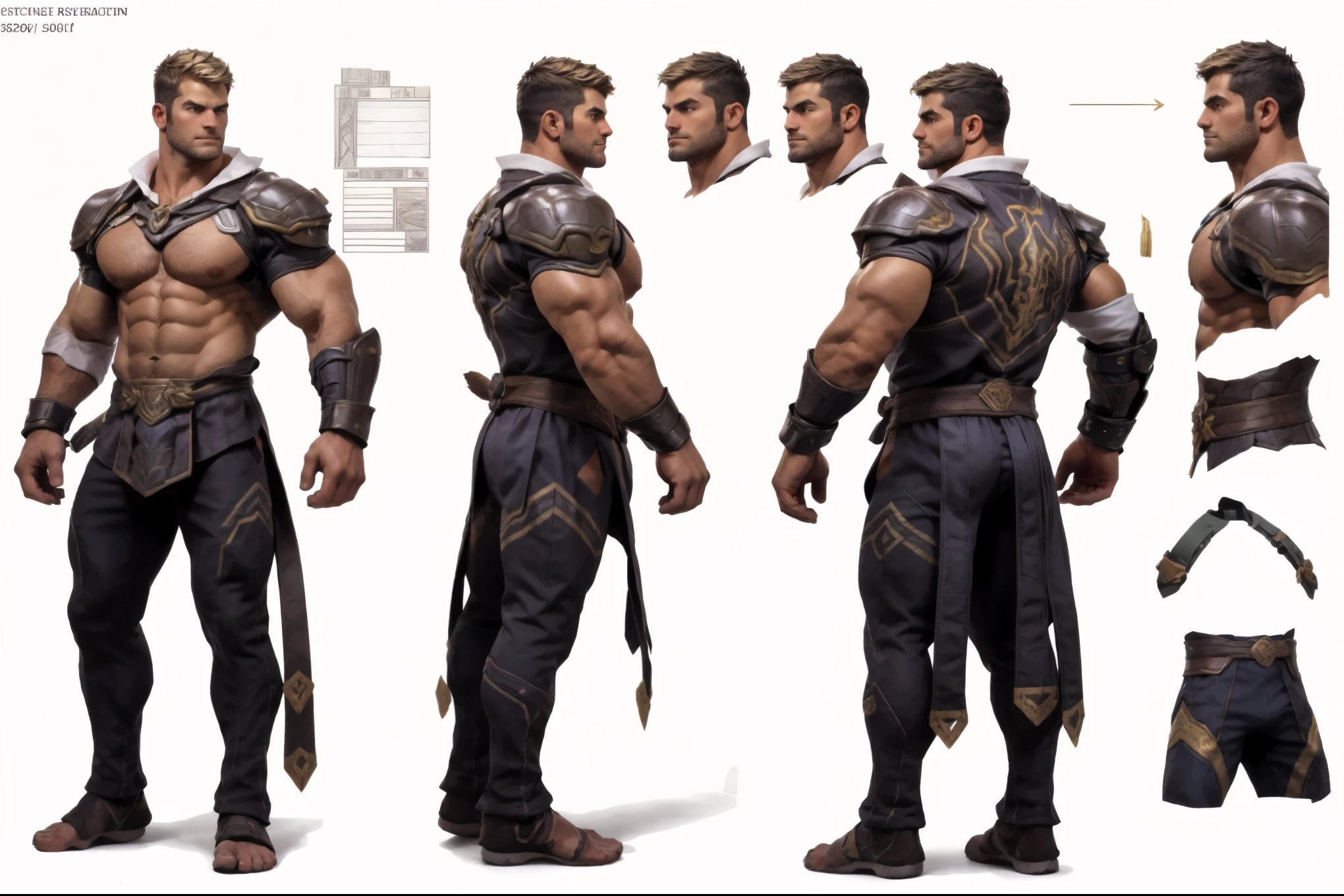 ( masterpiece ), ultra Detailed , 3 views, Character view, front view , side view, back view, ( detailed character sheet) , Spartan Warrior Reference Sketch, clothing Your physical appearance is often described as that of a strong person, muscular build, 25 years, blond hair , short hair, ((chest hair+++)) Wearing traditional Spartan clothing, just a tunic around the waist , bare torso, pectorals display, ultra-realistic photo , crunchy, intricate details, intricate details , and style , simple background illustration.