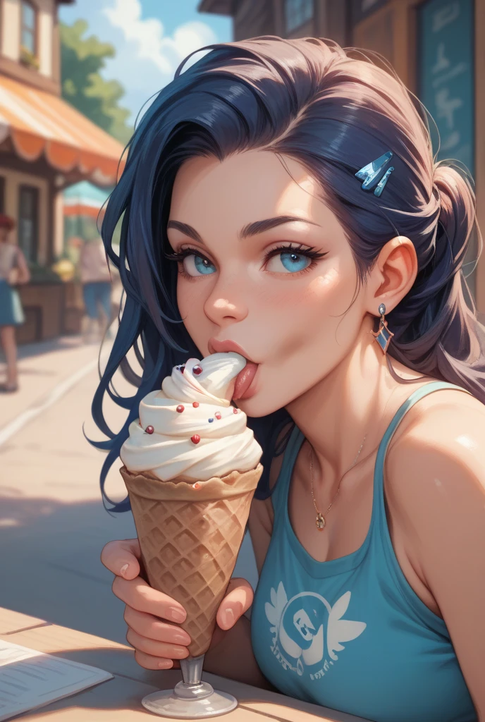 realistic, woman, selfie, wide mouth, licking, soft serve ice cream, face zoom, background sea