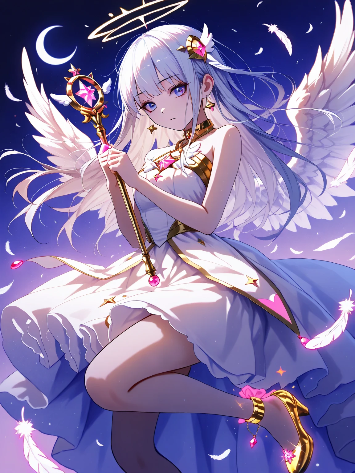 (Chibi: 1.3) (Masterpiece: 1.4), (Best Quality: 1.4), (Very Cute Angel Girl, Super Detailed Face, Jewel-like Eyes, White Very Long Hair, Colorful Gradient Hair: 1.4), (Angel Ring:
1.4), (Angel Wings: 1.4), (Full body, perfect 2 arms, perfect 2 legs: 1.4), Perfect 4 fingers: 1 thumb, light, shine, bokeh, super fine