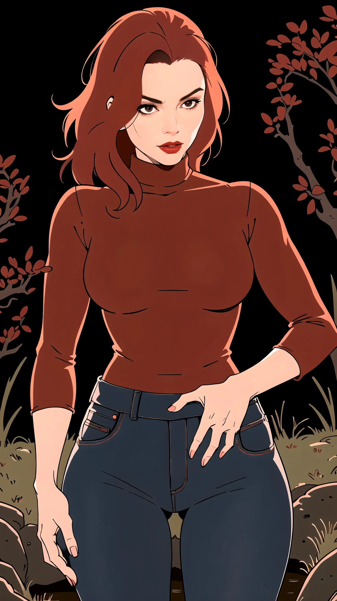 mature woman red-haired, simple vector illustration, standing, jeans, turtleneck drowning in tiny bog, close-up, artistic composition, red lips, black background, desperately touches her crotch, sexual tension,