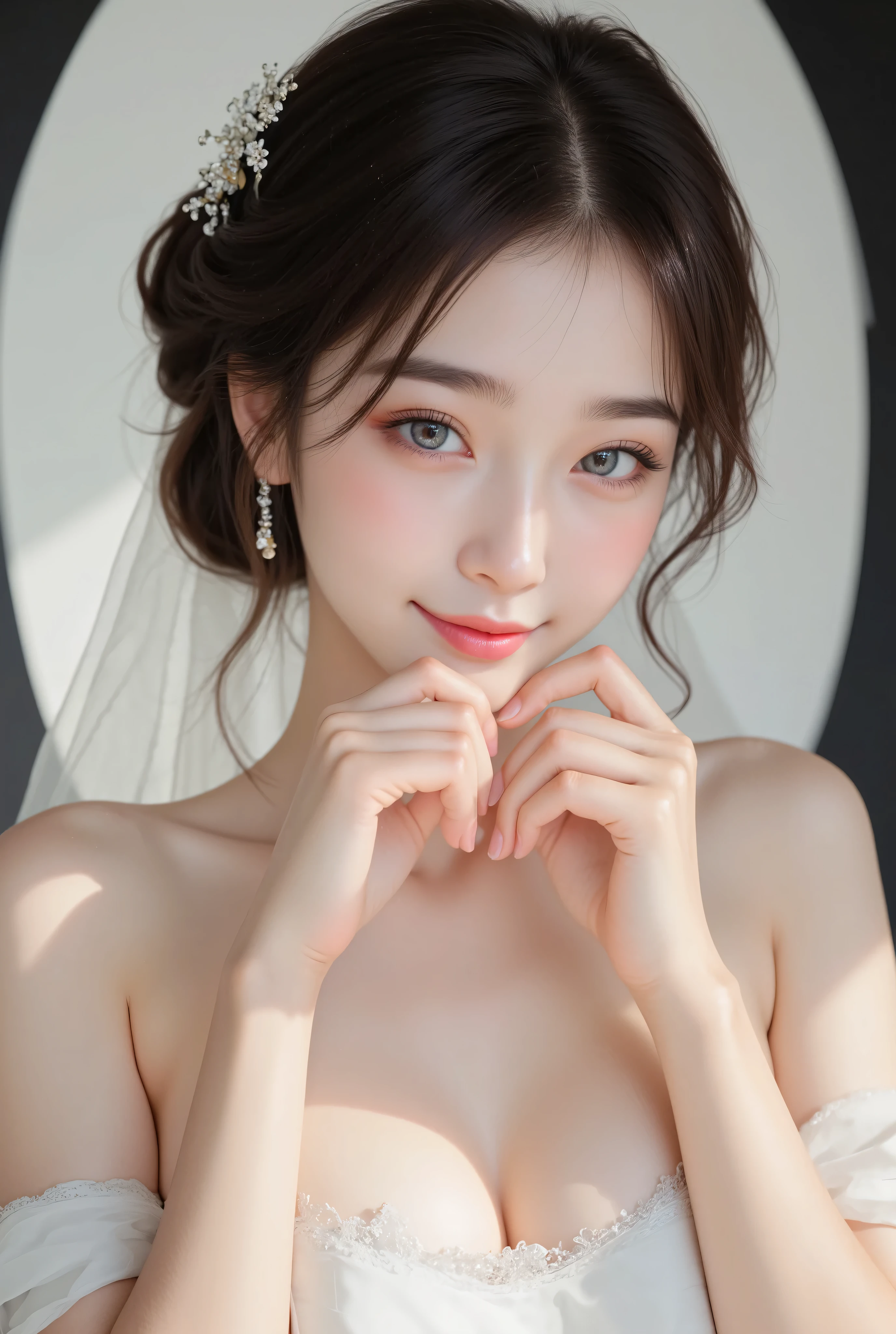 Making a heart with hands and smiling: 2.0, tilting the face slightly to the right. 2.1 (Ultra-precise human anatomy, highest quality, RAW photo, 8k, 32K, masterpiece, real, photorealistic: 1.37), Cute Japanese woman image, tank top, extremely realistic and detailed upper body portrait of a young woman taken in natural light, upper body, one girl, photomapping, physically based rendering, excellent picture quality, high resolution, 1080P, (beautiful face), (detailed facial depiction), (detailed depiction of the muscle parts of the hand setter), (detailed CG), rich details, (stunning features: 1.35), (detailed eyes), and looking forward to your eyes, delicate collarbone, Sanzan A pose, extremely realistic and detailed hair follicles, even the tiniest blood vessels are visible. The skin is smooth, with a natural flush of the cheeks, a healthy glow. The eyes are large and clear blue, with fine patterns on the irises, and the light reflects and shines in the eyes. There is a slight shadow under the eyes, and the eyelashes are long and naturally curled. The lips are soft pink, with a smooth texture and natural shine, slightly reflecting light. A white off-the-shoulder wedding dress. The background is a pale black and white gradient, the focus is entirely on the face and upper body. Realistic shadows and textures, a painting-like depiction.
