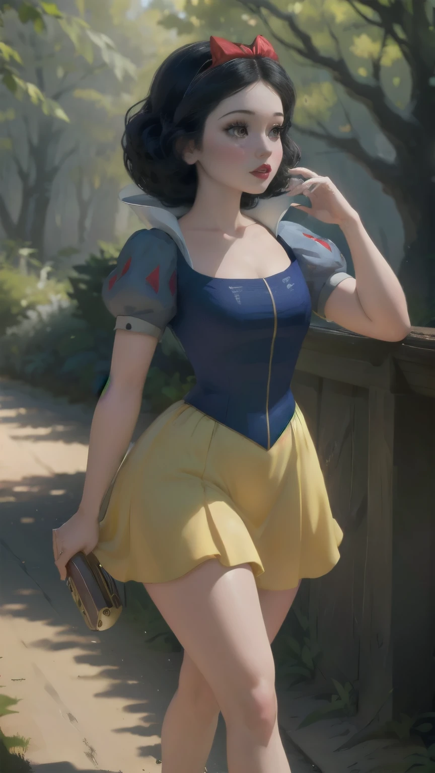 ((Full body photo, standing, on the floor)) (master part:1.2), (best quality), (ultra detaild), (8k, 4K, intrikate),(full body shot shot:1.2),(cowboy:1.2),(highy detailed:1.2),(face detailed:1.2), (detailed backgrounds),(portraite),detailed landscape,(dynamic pose:1.2),snow white 1girl,Mediun Breats, standing alone, Looking at Viewer, sorrido, short hair, chemise, blackquality hair, 弓, holding, eyes browns, upperbody, hairbow, hair band, red bow, forest background