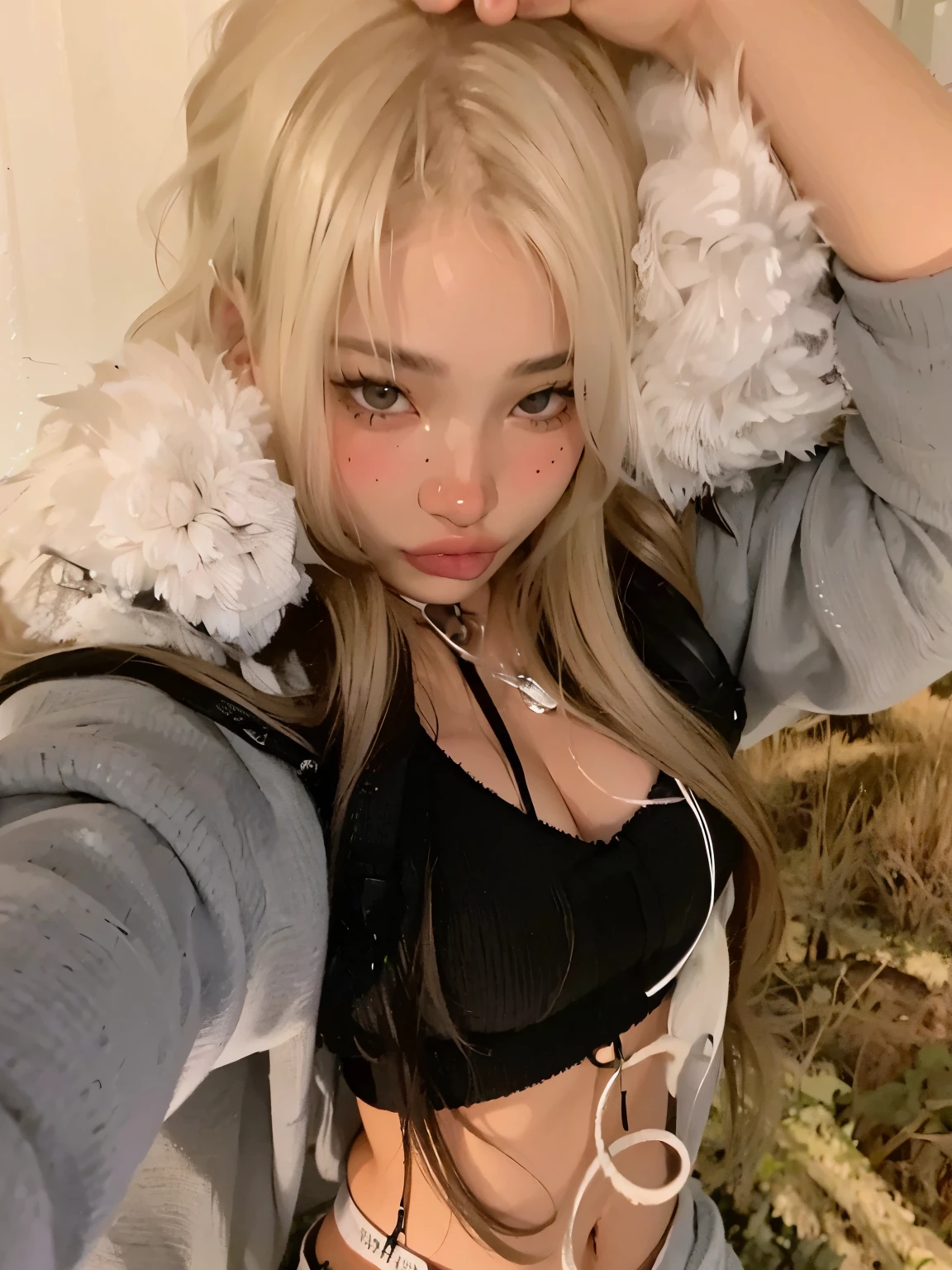 (best quality,highres,masterpiece:1.2),ultra-detailed,realistic,photorealistic:1.37, woman, realistic proportions, huge breasts, intricate facial detail, anikauwu, blonde hair, long hair, smirk, choker, goth,