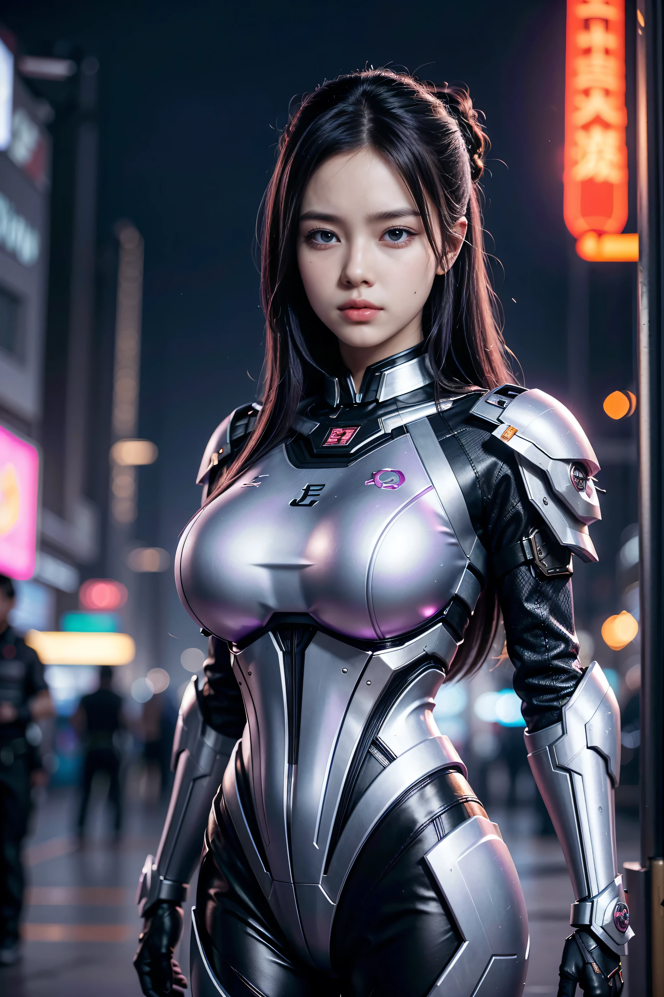 Create an image of Irelia in her PROJECT: Irelia skin from League of Legends by Riot Games, wearing high-tech, cybernetic armor with glowing energy lines, have massive k-cups, in a cyberpunk city with towering skyscrapers and holographic displays.