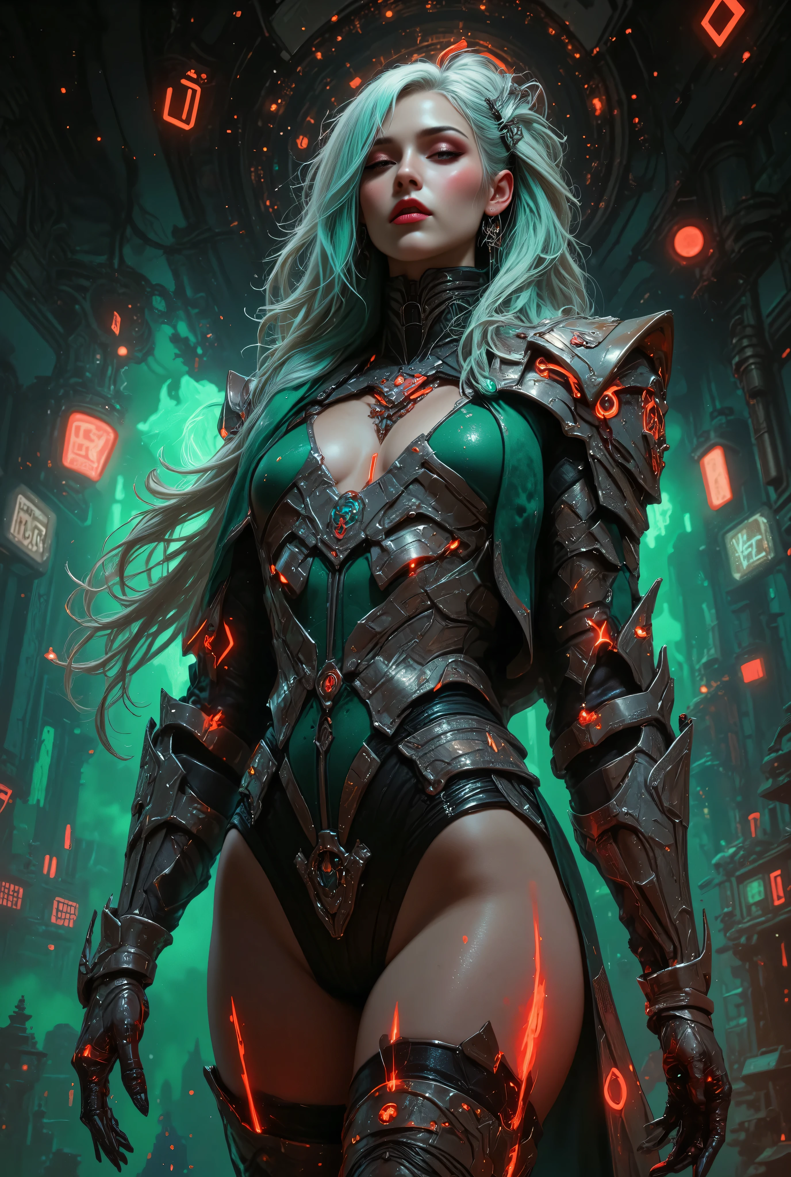 (A stunning tall woman is posing like a fashion model:1.5), (She is an anti-hero wearing intricated desighned vivid indigo and light green and dark gray and scarlet uniform:1.7), neon colored mechanical biomorphism, horror art, intricate details, maximalist perfect illustration, digital painting art, quantum world, place of fear, surreal,dark, ominous,nightmarish, twisted, unsettling, unnerving, otherworldly, abstract, geometric, futuristic, cyberpunk, chiaroscuro, dramatic lighting, moody atmosphere, rich colors, deep shadows, glowing elements, unsettling anomalies(best quality,4k,8k,highres,masterpiece:1.2), ultra-detailed,(realistic,photorealistic,photo-realistic:1.37), dynamic poses, sensual pose, model posing, (photo taken from dynamic angle:1.2)