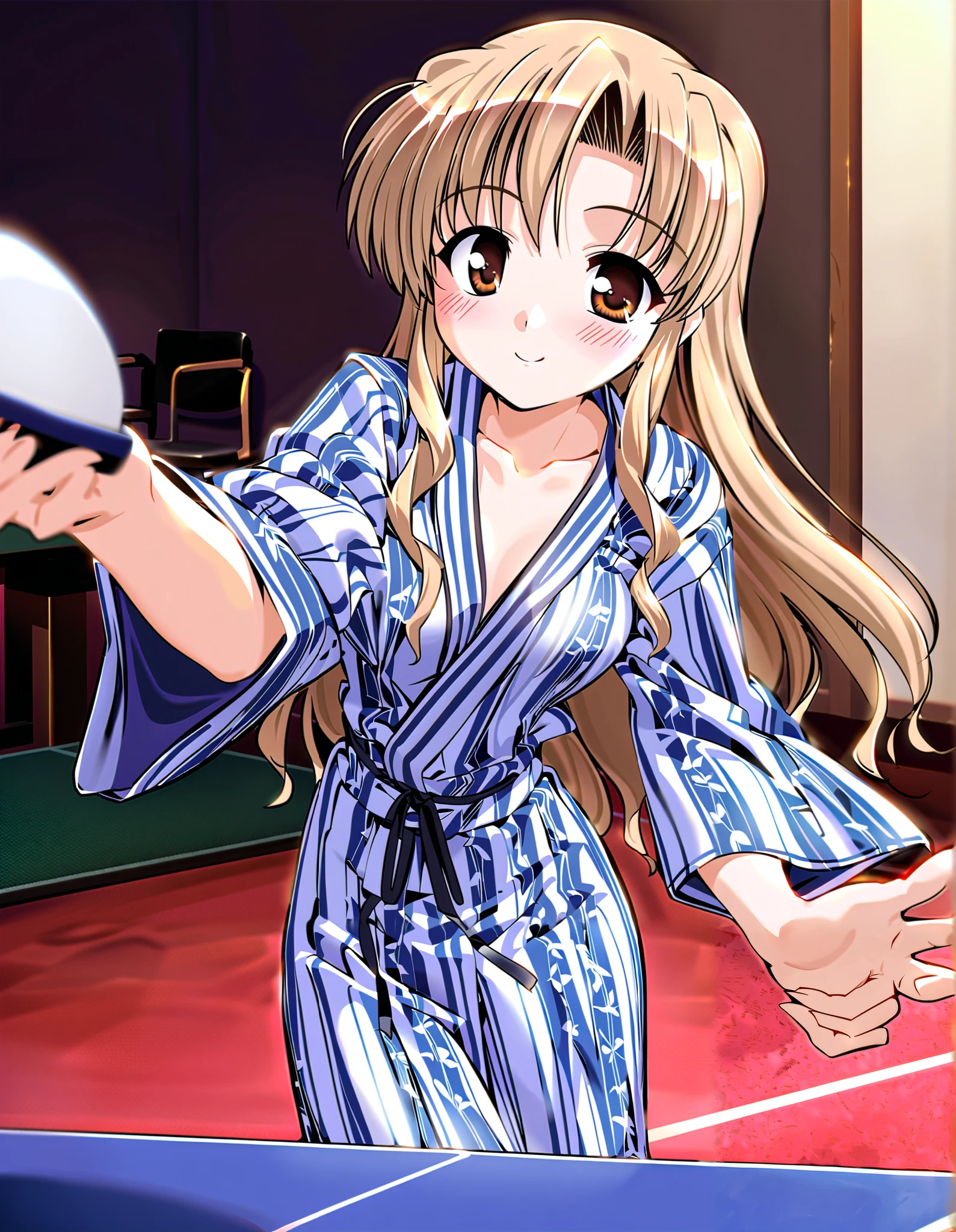 hozumi sayaka, (cowboy shot), long hair, brown hair, brown eyes, (wavy hair:0.7), blonde hair, small breasts, (bath yukata), ( yukata is bare ), (Red cheeks:1.2), (bright smile:1.1), ( I'm ashamed), ( playing table tennis:1.1), (Hot Springs Table Tennis ), (Table tennis court), (hostel), score_9, score_8_superior, score_7_superior, source_anime, (best quality:1.2), 細部までこだわったanime, high quality , full color, 8k, high resolution