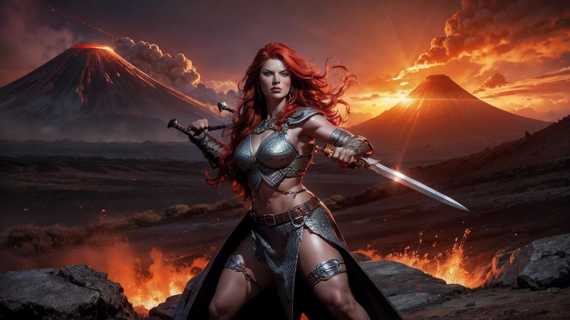 Tall beautiful and strong female fire giant with red hair and large sword, glowing tattoos and tanned skin wearing a revealing leather top, background is a volcano forge