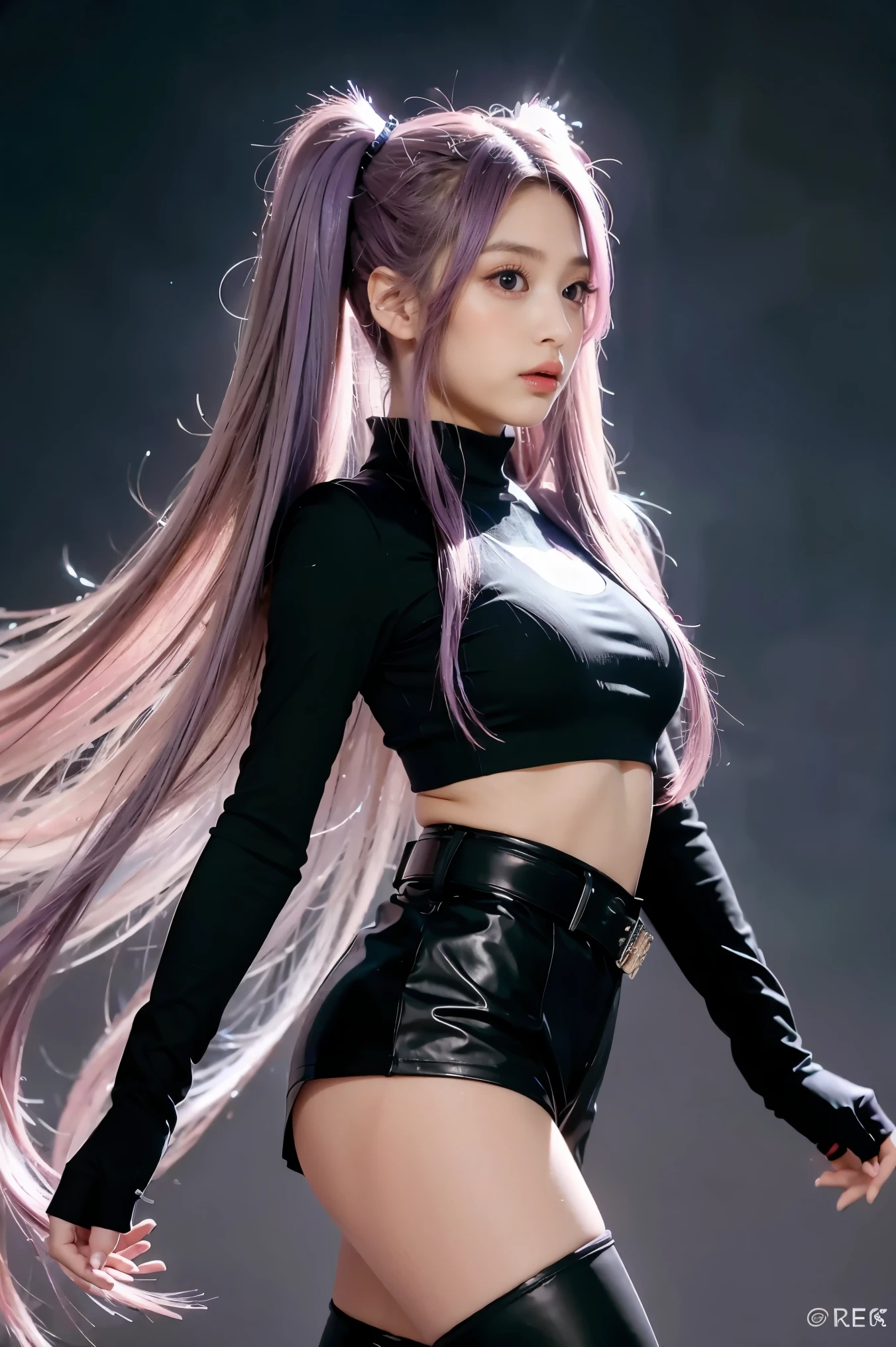 ,Best Quality, Ultra High Resolution, Cute, (KPOP Idol), (Long Twintail), (Light Purple Hair:1), ((Big Eyes)), Looking at you, BREAK ((upper body:1.3)), Front View,A character with long, flowing silver hair and a slender build, wearing a black and white outfit that includes thigh-high boots and gloves. The character is in a dynamic pose surrounded by ethereal purple crystals and energy, The character is in a dynamic pose surrounded by ethereal purple crystals and energy,A character with long, flowing purple hair, wearing a metallic top and black shorts with thigh-high boots. The outfit includes straps and belts, giving it a futuristic or fantasy style. The character is in a dynamic pose with radiant light or energy surrounding them, set against a minimalistic abstract background,
