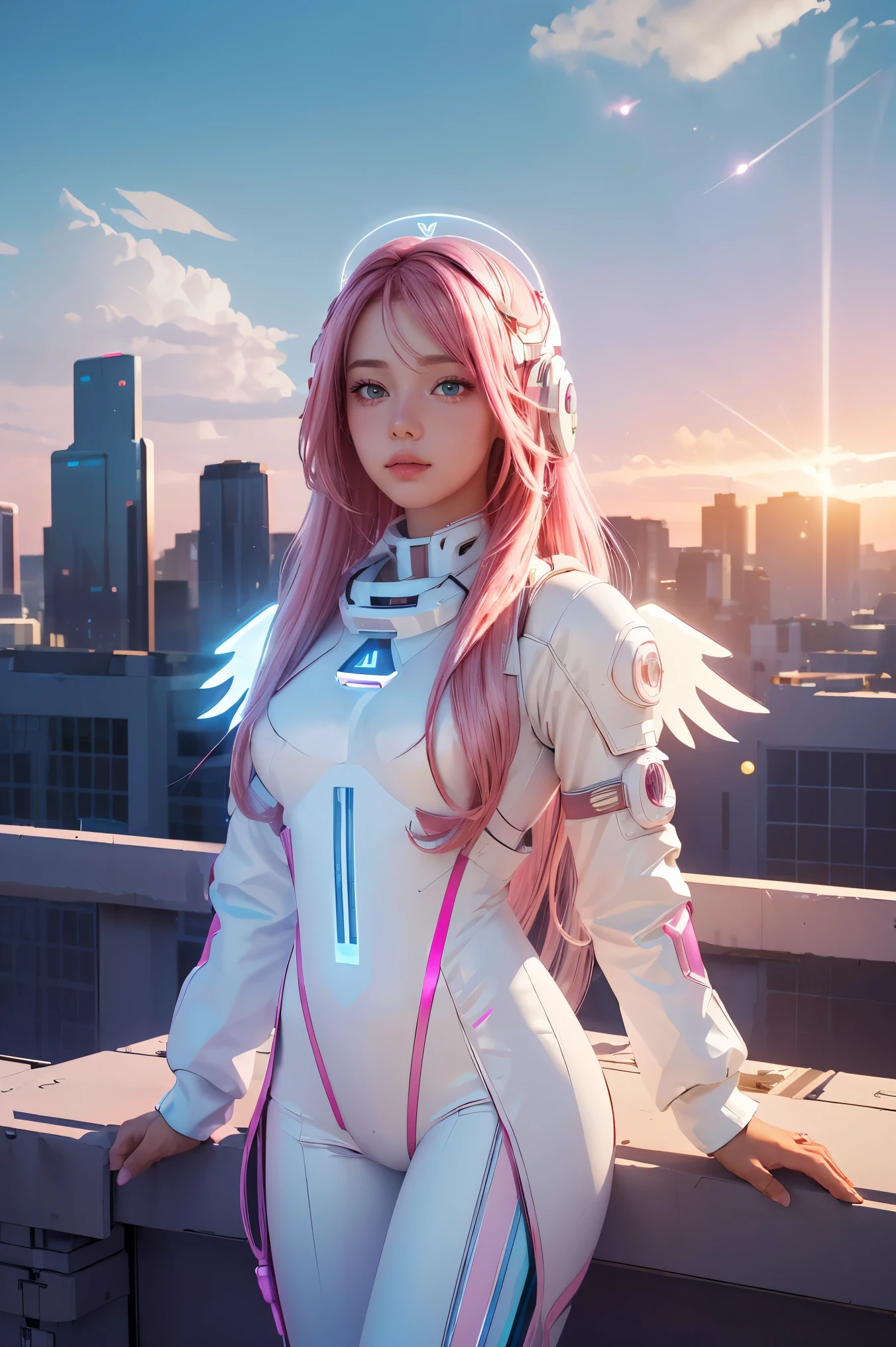 ((masterpiece, best quality, extremely detailed), volumetric lighting, ambient occlusion, colorful, glowing), 
1girl, solo, young girl, (pink hair), long hair, halo, aura, sacred, godness, cyber suit, (white outfit:1.3), android, bot, angel wings,
outdoors, sunset, sky, clouds, space, (cyberpunk theme:1.2),