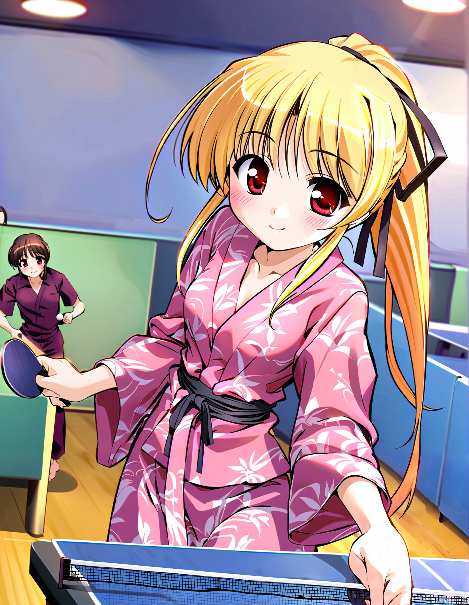 cynthia marguerite, Alone, (cowboy shot), blonde hair, red eyes, ponytail, long hair, hair ribbon, small breasts, (bath yukata), ( yukata is bare ), (Red cheeks:1.2), (bright smile:1.1), ( I'm ashamed), ( playing table tennis:1.1), (Table tennis court), (hostel), score_9, score_8_superior, score_7_superior, source_anime, (best quality:1.2), 細部までこだわったanime, high quality , full color, 8k, high resolution