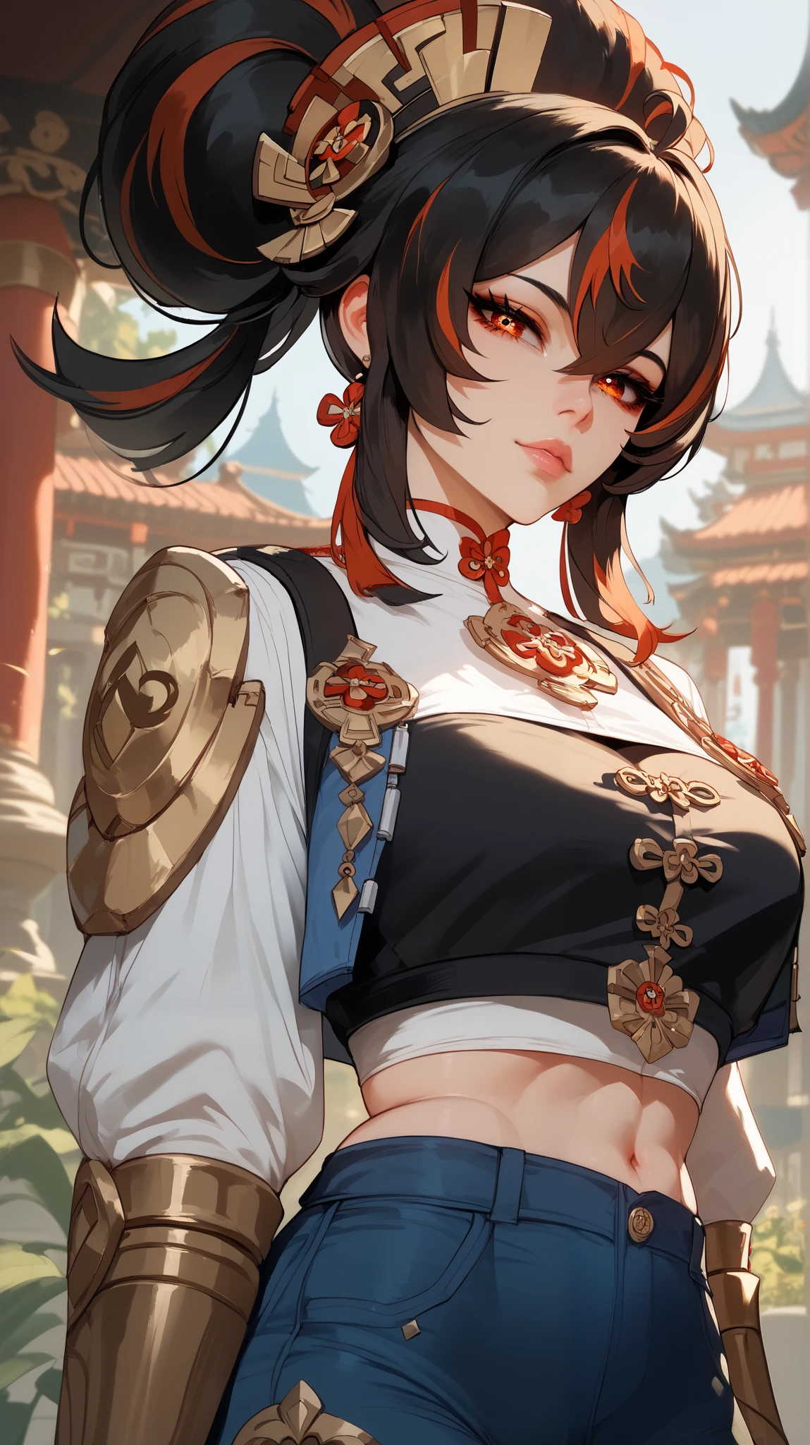 Zhu Yuan style,  perfect eyes,  perfectly sexy face, ultra detailed,  ultra perfect eyes ,  big beautiful woman , standing, dark blue shorts, Body,  Looking at the viewer,