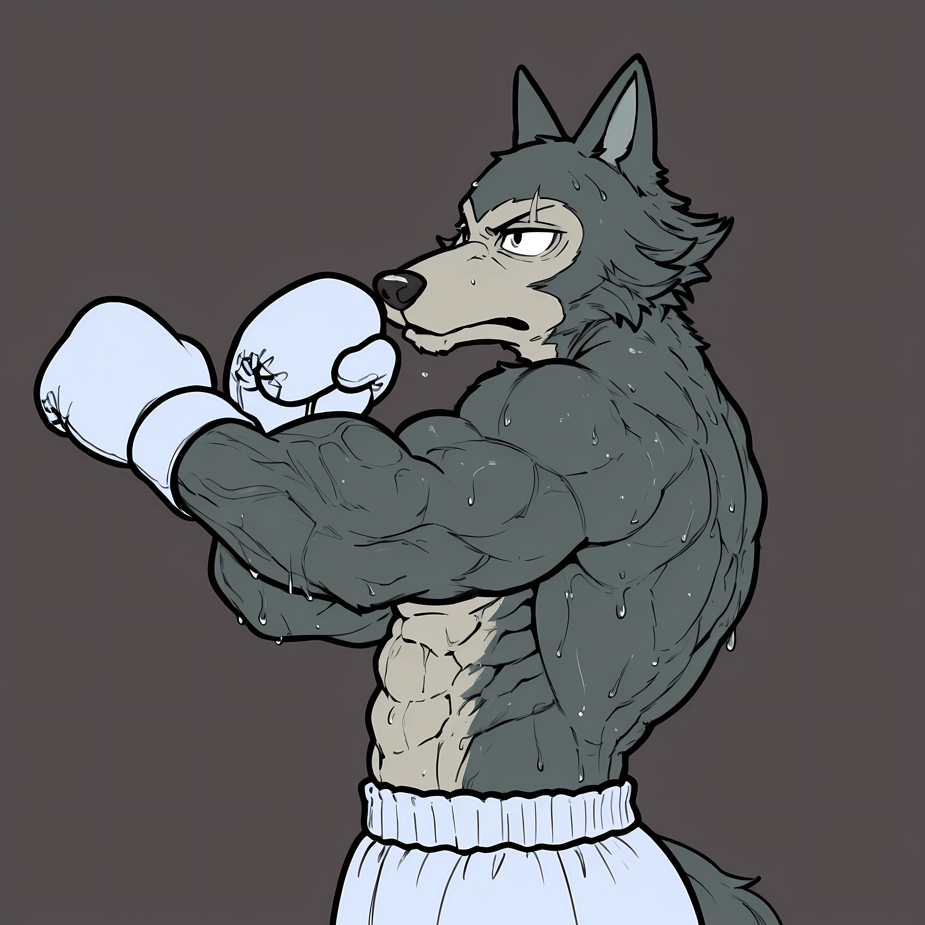 l3gosh1, beastars, male, solo, wolf, muscular, athletic, masculine, (small eyes), flat color, boxing_gloves, boxing_trunks, simple background, sweaty body, veiny arms, bulging muscles, boxing stance, dynamic pose, boxing, (black outline), punching