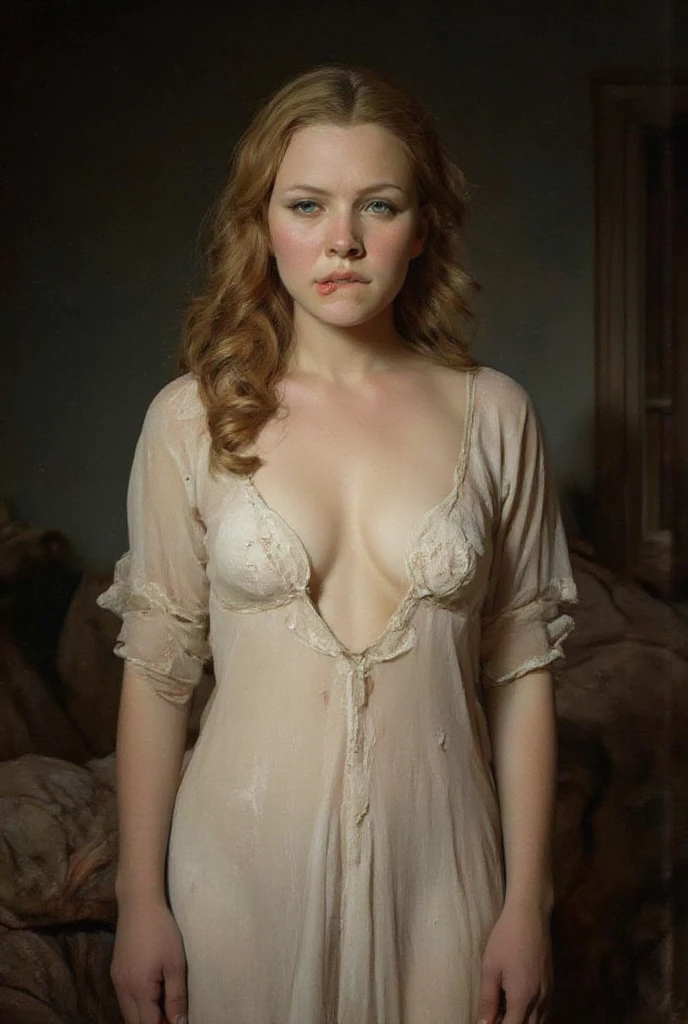 photograph of a woman, freckles on body, (troubled facial expression), textured skin, goosebumps, blonde wavy hair, naked body with no clothes, medium sized breasts, hairy hairy hairy pussy, cowboy shot, dark no daylight, candlelight dark and mysterious room with old furniture and hidden wonders, perfect eyes, (candlelight,chiaroscuro), Porta 160 color, shot on ARRI ALEXA 65, bokeh, sharp focus on subject, shot by Don McCullin