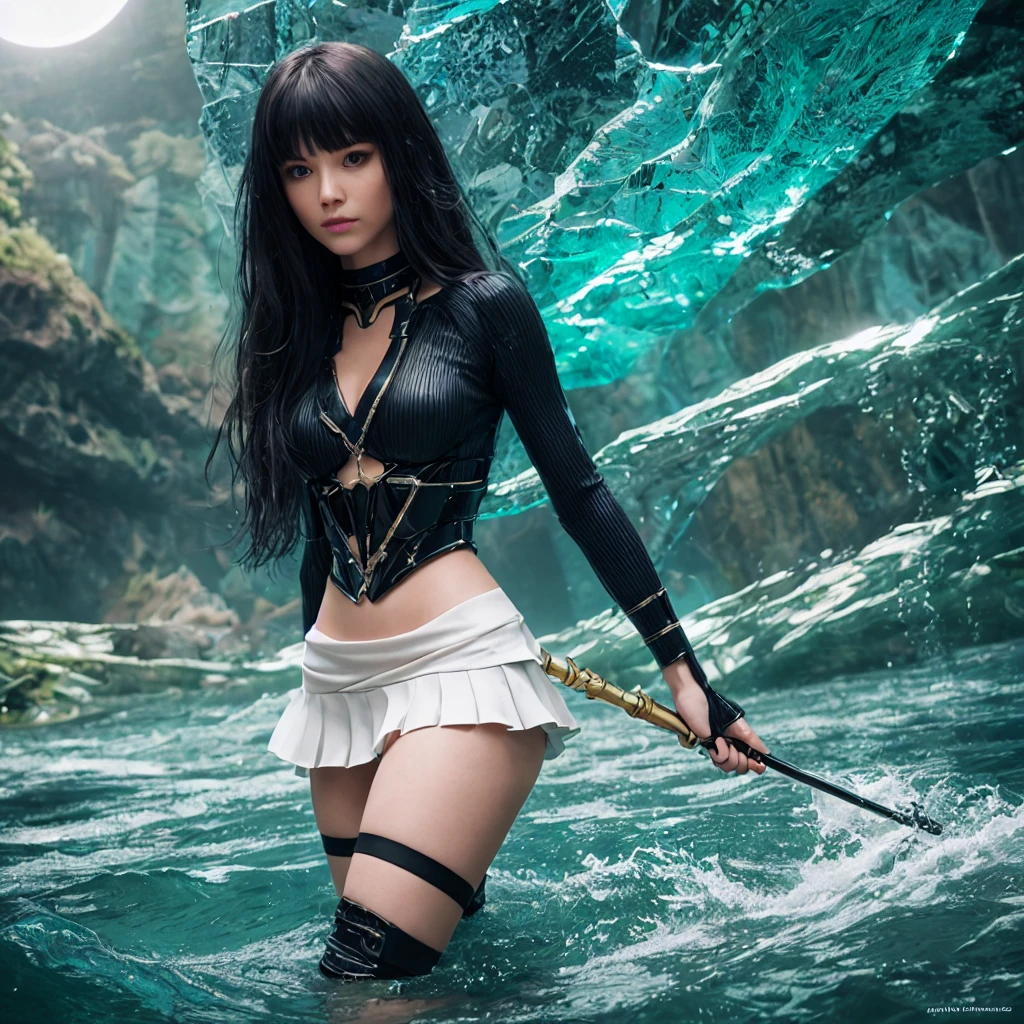 a beautiful girl in a black outfit, standing on a rock by the ocean, holding a sword, dramatic wuthering waves, dark cloudy sky, dramatic lighting, highly detailed, photorealistic, 8k, masterpiece