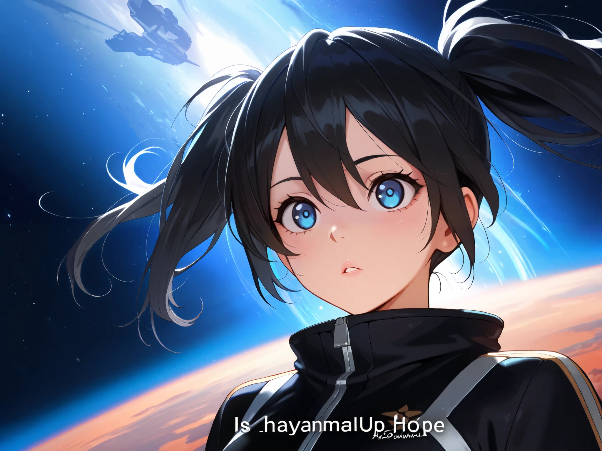  maximum resolution,  Very Detailed ,  Best Quality ,precise,  Masterpiece, Solo,1 woman, black hair,I have twintails., Hair Gradient to Orange, blue eyes, black-eyed widow ,Floating in the middle of space,gundamaerial, is anatomically correct., anime images 