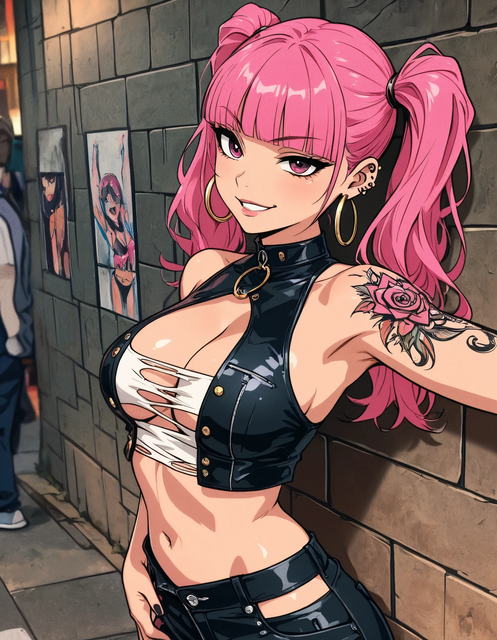 Anime source, (masterpiece), best quality, stunningly girl, glamorous, Rebel street girl, mature, sexy, pink hair, long hair, long blunt bangs, twintails, in front of a ((Grafitti wall)), street, ((cut-out top, ripped top)), micro bikini under, Anime illustration, stylized, pulp art, beautiful composition, busty, colorful, (perky) tits, cool, hip-hop style, big hoop earrings, smirk smiling, posing for photo, high res, juicy tits, streetwear, Gold&black jewerly, nail polish, glossy lips, (saturated colors), (highres), wide view, cinematic 8k, UHD, Rebellious woman, piercings, tattoos, inclined forward, sassy girl, Anarchist, Punk Rocker, Outlaw,