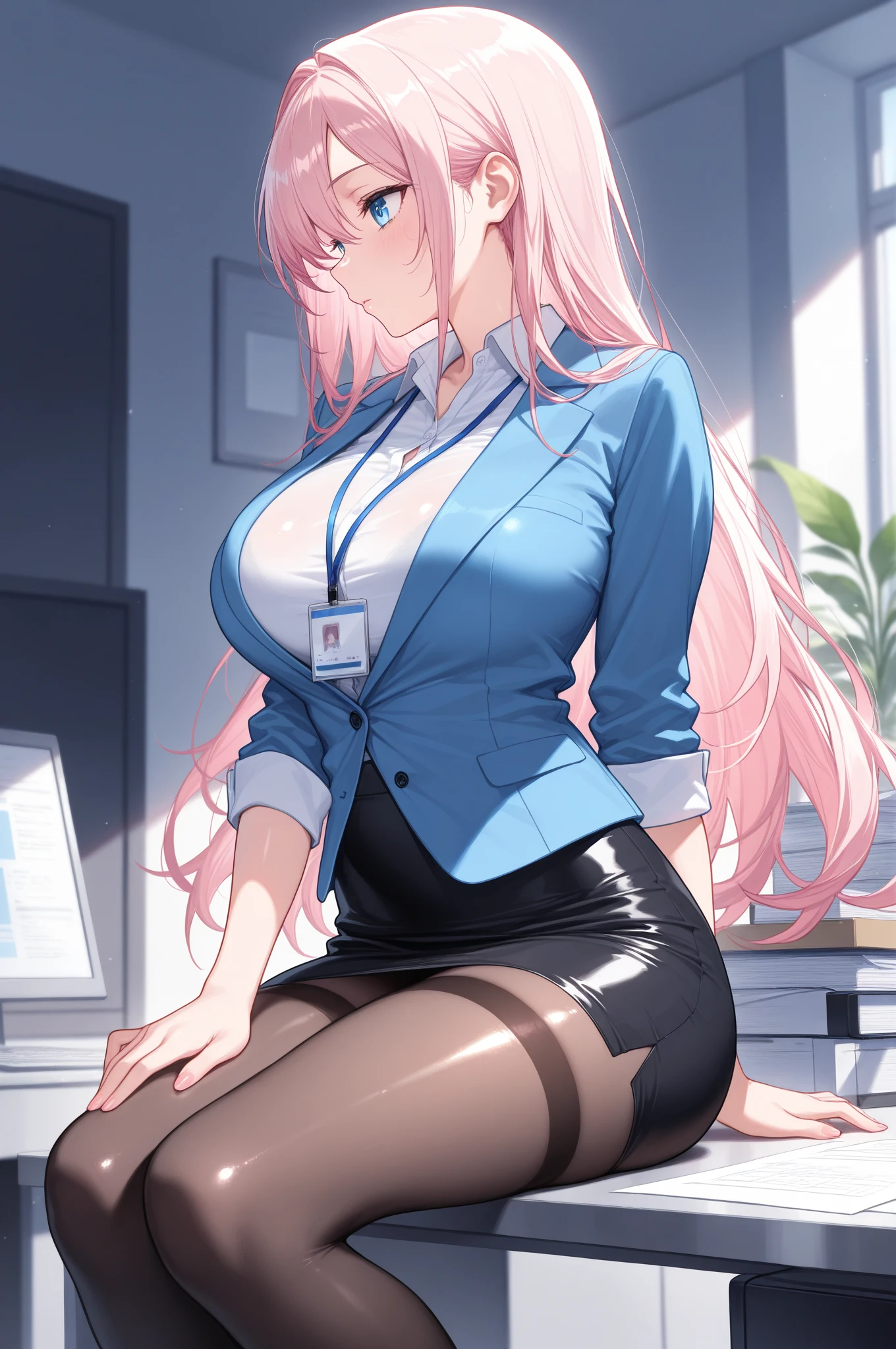 Nsfw, Masterpiece, 8k, art style by sciamano240, very detailed face, detailed clothes, detailed fabric, 1girl, beautiful face, asymmetrical long hair, light blue hair, wearing cute office clothes, Dior thigh boots, black stockings very detailed blue cat eyes, posing crouching legs open  , cute smirk, sunny office setting, full body view, sultry expression,