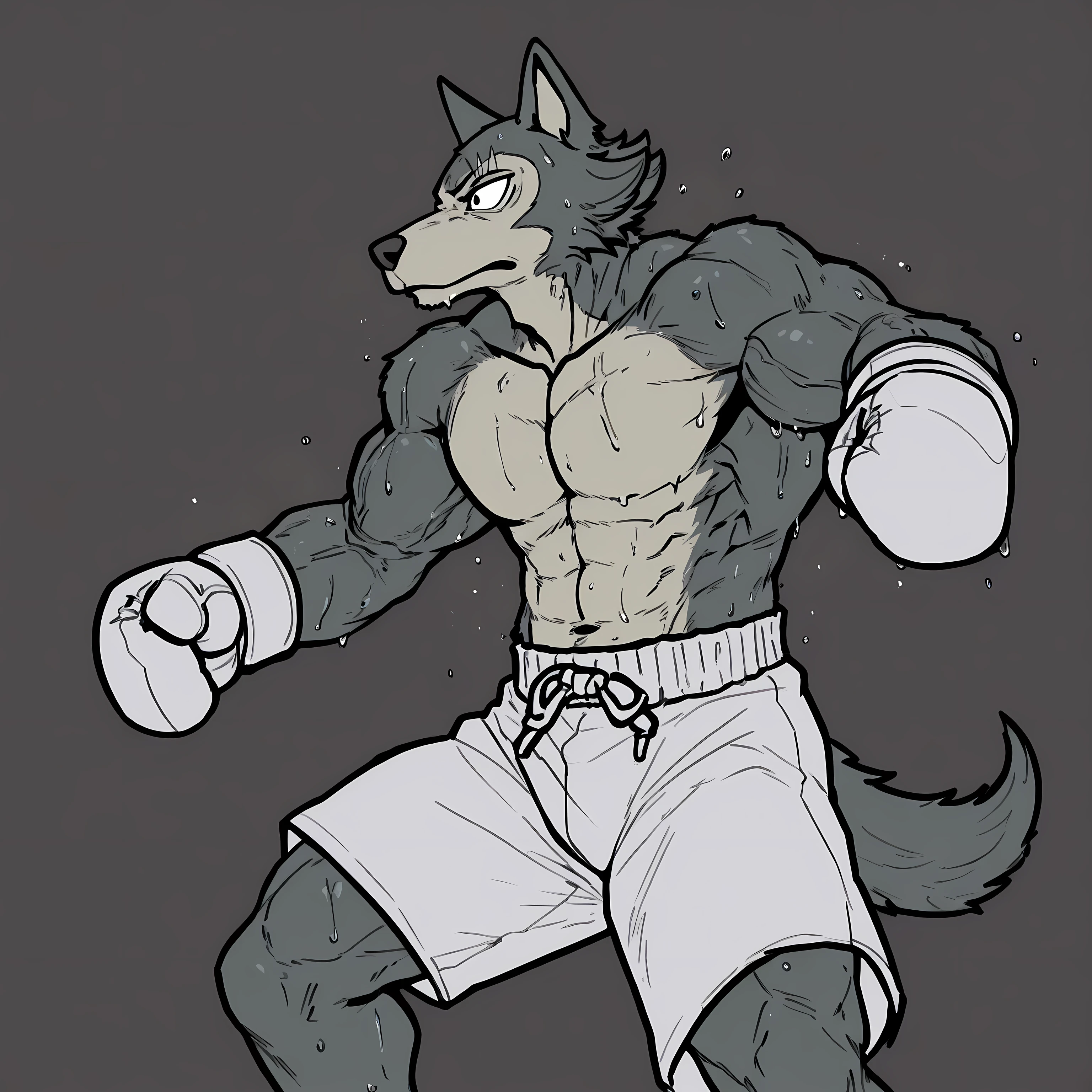 l3gosh1, beastars, male, solo, wolf, muscular, athletic, masculine, (small eyes), flat color, boxing_gloves, boxing_trunks, simple background, sweaty body, veiny arms, bulging muscles, boxing stance, dynamic pose, boxing, (black outline), punching