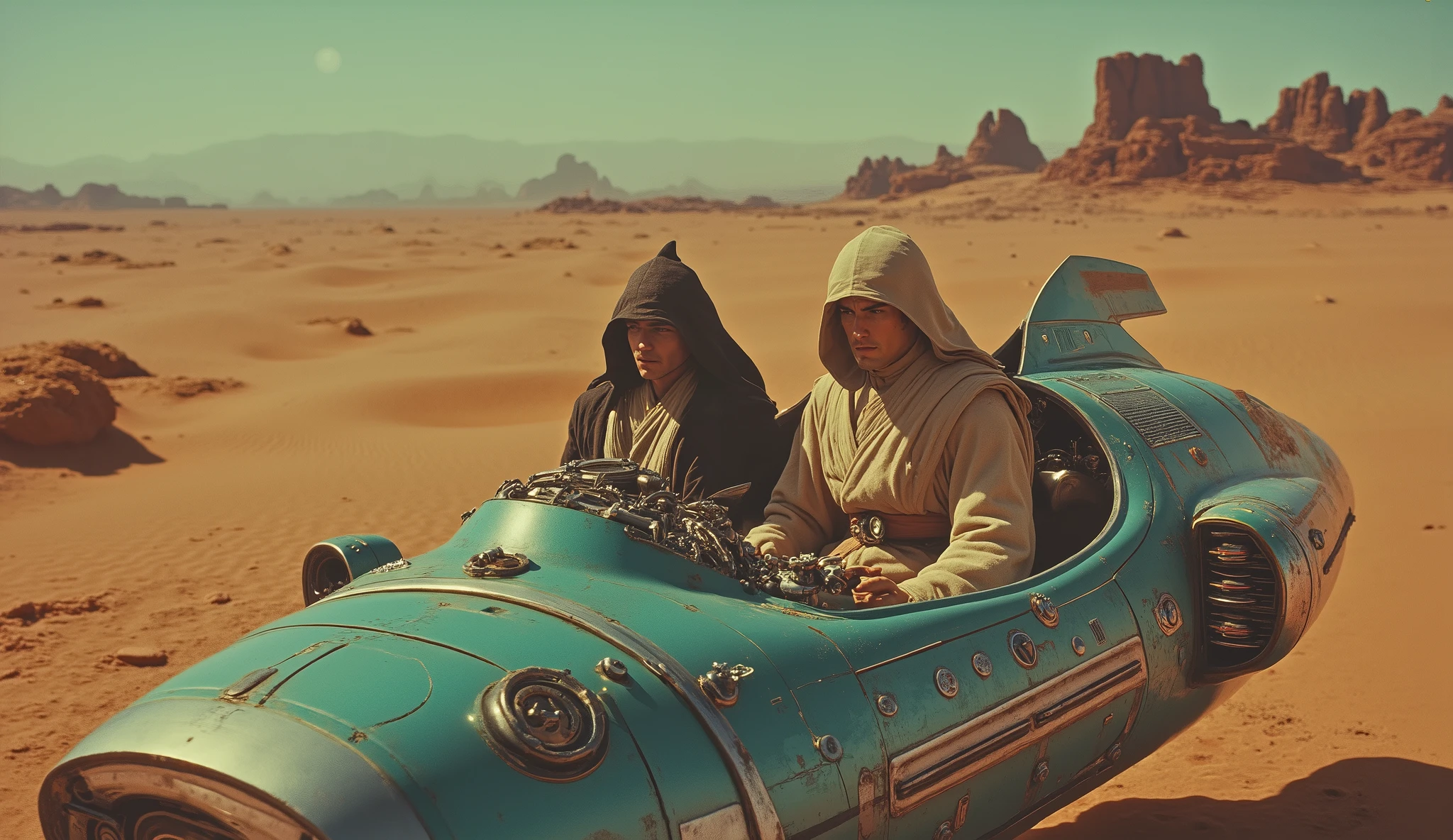 Luke Skywalker and Obi Wan Kenobi , with his hood , sitting in the floating vehicle on Tatooine, retro. very real image.