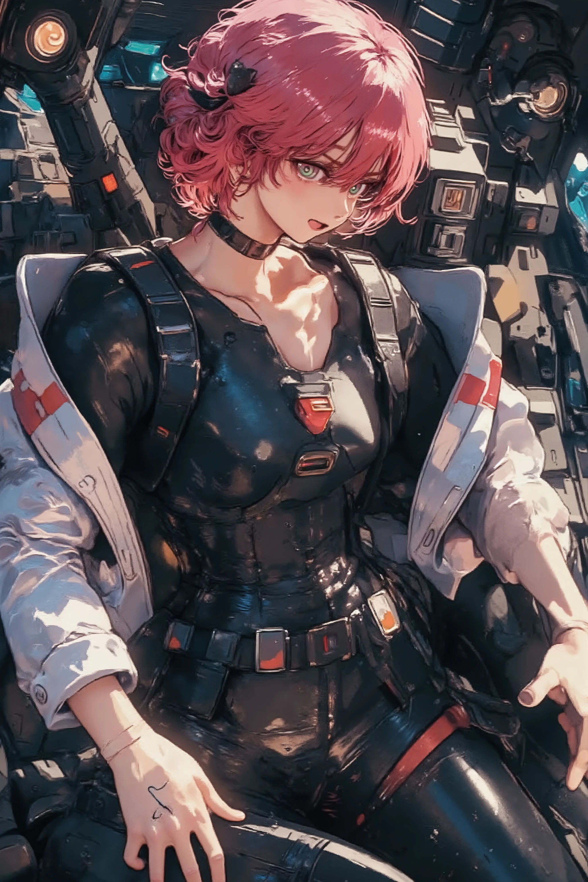 Mobile Suit Gundam The Witch of Mercury, with red curly bangs that rise above the eyebrows, Kuratanaru is braided, There is no back head, sleeveless black glossy bodysuit, I'm not wearing underwear, The female character is reflected , A white jacket with a red band on the short-sleeved sleeve with an open zipper, Gundam Pilot, turquoise eyes , 20 year old girl, small head, small boobs, small eyes, calm eyes, dark eyebrows , naive and smiling, cockpit, Look obliquely from bottom to top of the drawing, cockpit에 앉아 몸을 앞으로 기울이고, Looking at the enemy outside the picture frame , Push the arm holding the cockpit forward