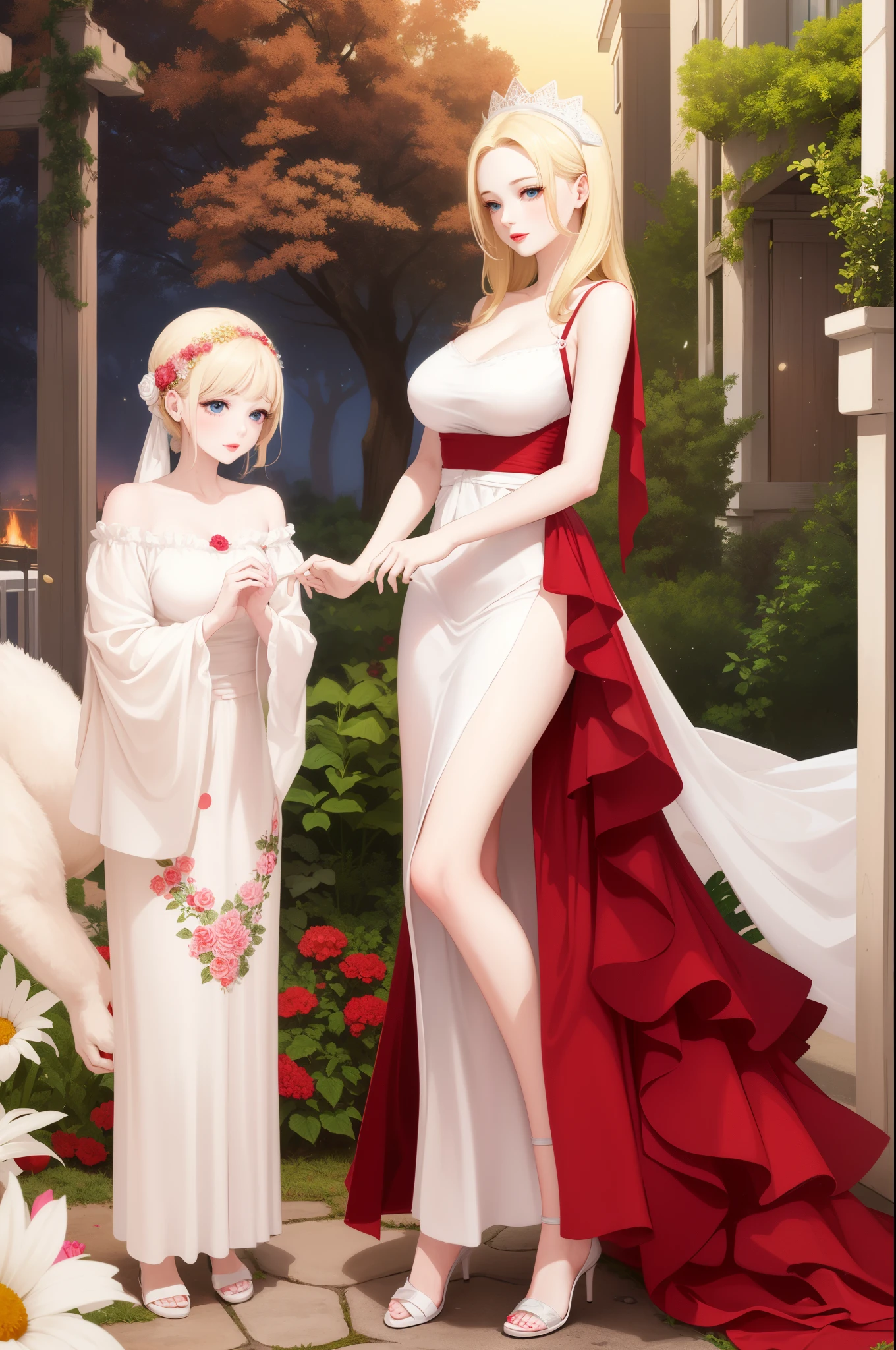 An extremely gorgeous beautiful feminine mother with blonde hair and a tied white ribbon, extremely fair white skin, big blue eyes, and plump red lips. She has a plain thin slim normal body and, plain small breasts. She's wearing a floor-length simple pink floral dress with spaghetti straps and, heels. Standing straight, with a plain kind smile, a garden background, and, show full body.