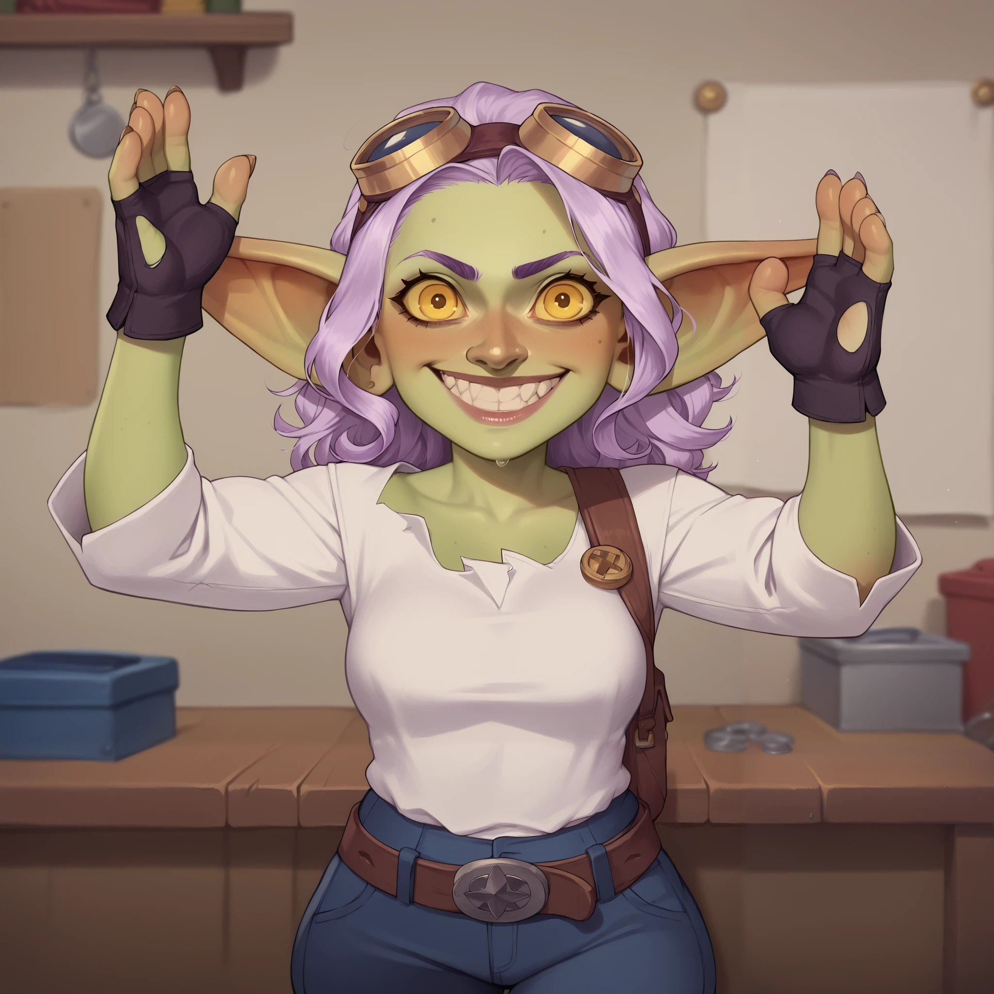 (((beautiful, high quality, comics style, detailed face))), score_9, score_8_up, score_7_up, masterpiece, best quality, unrealistically high details, extremely high quality, ultra high detail, good anatomy, rating_explicit, perfect anatomy, anatomically correct hands:1.5, Detailed, zPDXL3, detailxl, Score_PnyReal, front view, looking to the viewer BREAK ((Goblin, short stature, shortstack)), 1Girl, hooked nose:1, yellow eyes, crazy eyes, crazy smile, ((lavender hair)), short wavy hair, goggles on head, action pose, workshop in background, blurred background
