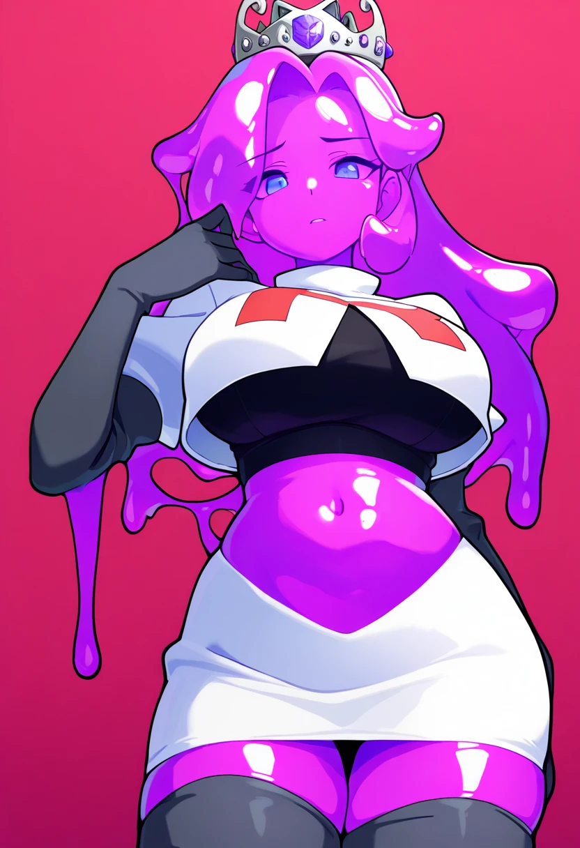 (((I want a woman alone, fair skin, pink slime hair, purple eyes, curvy body, thick lips, wearing a short white bodycon dress)))