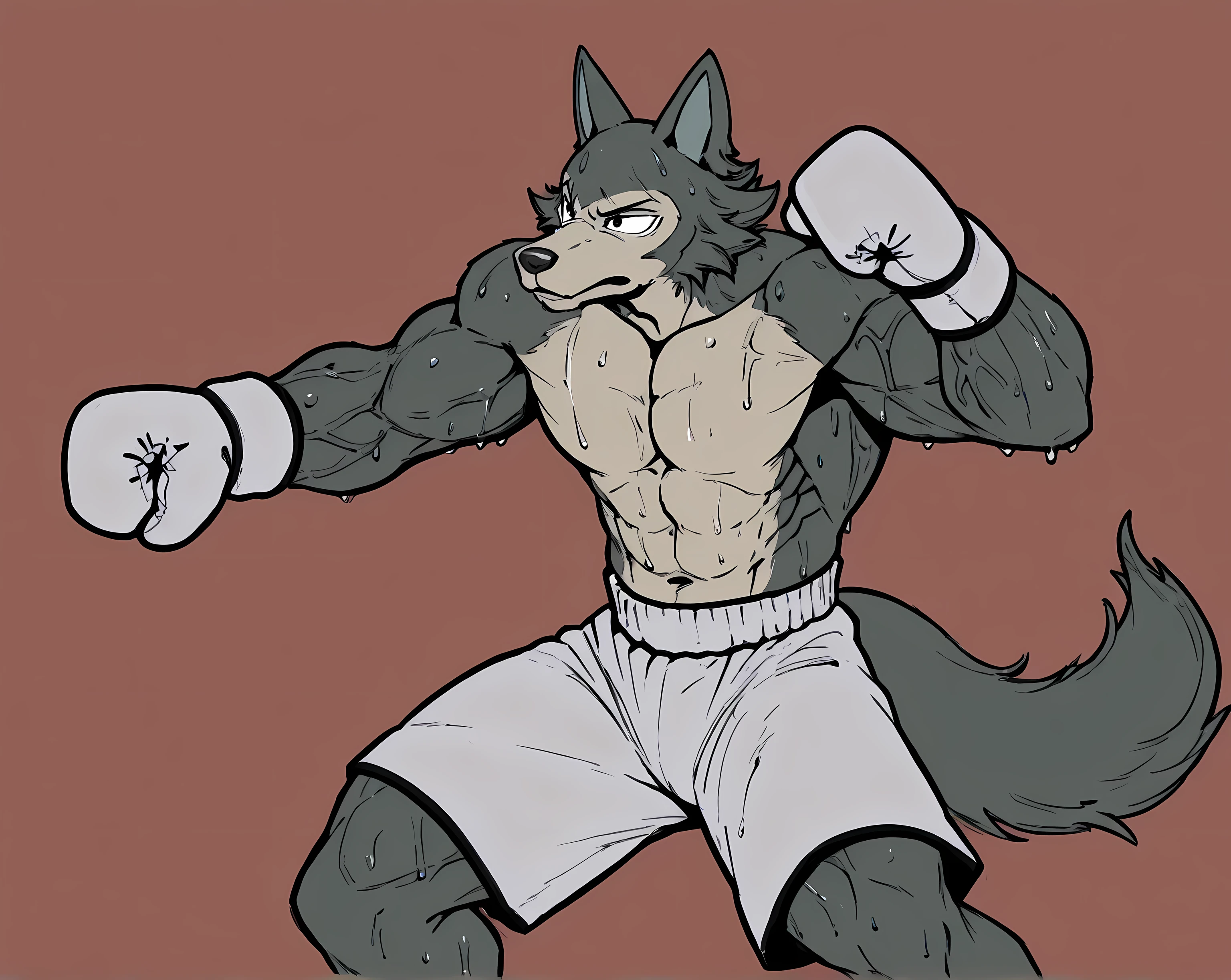 l3gosh1, beastars, male, solo, wolf, muscular, athletic, masculine, (small eyes), flat color, boxing_gloves, boxing_trunks, simple background, sweaty body, veiny arms, bulging muscles, boxing stance, dynamic pose, boxing, (black outline), punching