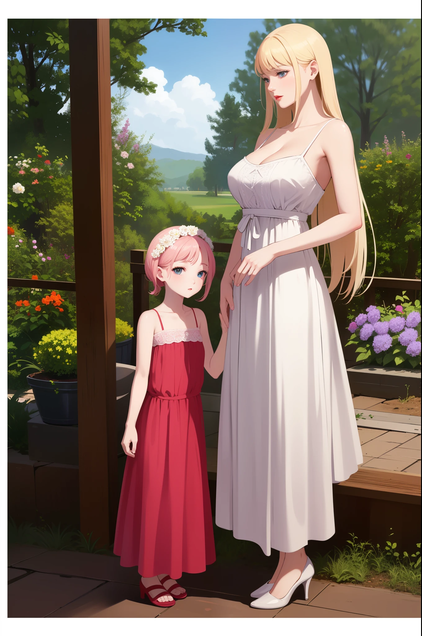 An extremely gorgeous beautiful feminine mother with blonde hair and a tied white ribbon, extremely fair white skin, big blue eyes, and plump red lips. She has a plain thin slim normal body and, plain small breasts. She's wearing a floor-length simple pink floral dress with spaghetti straps and, heels. Standing straight, with a plain kind smile, a garden background, and, show full body.